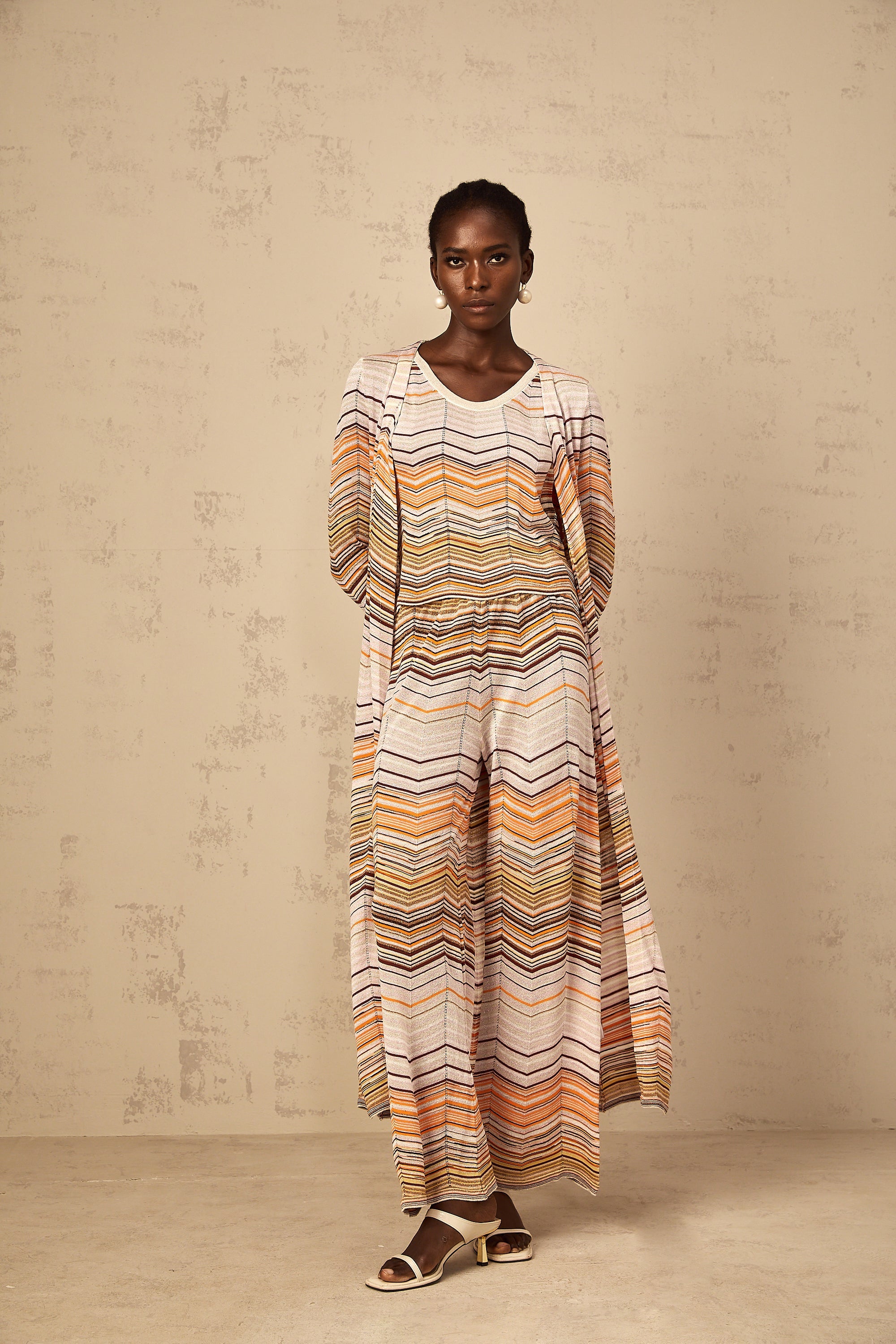Chloé Neutral Striped Knit Long Cardigan