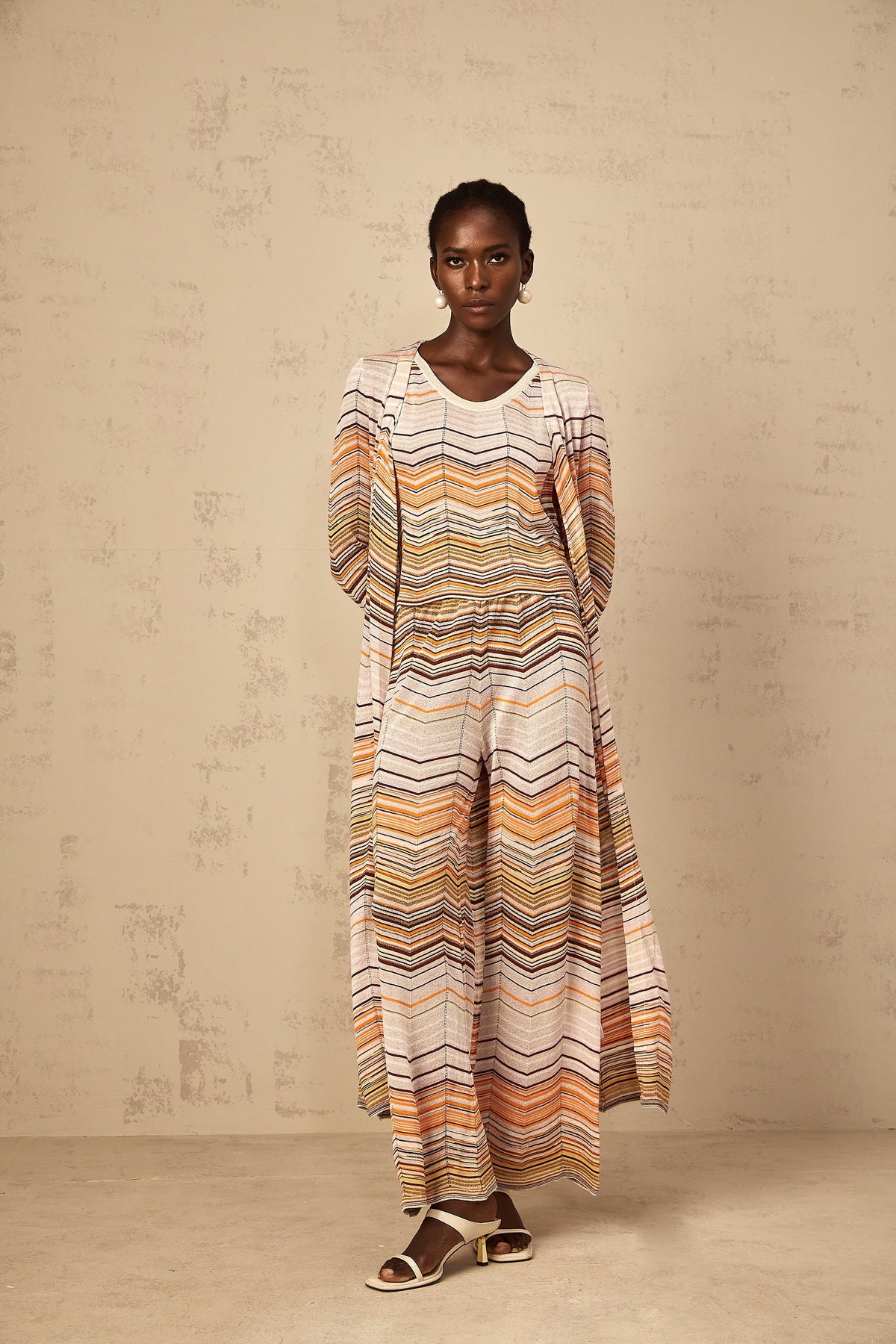 Chloé Neutral Striped Knit Long Cardigan