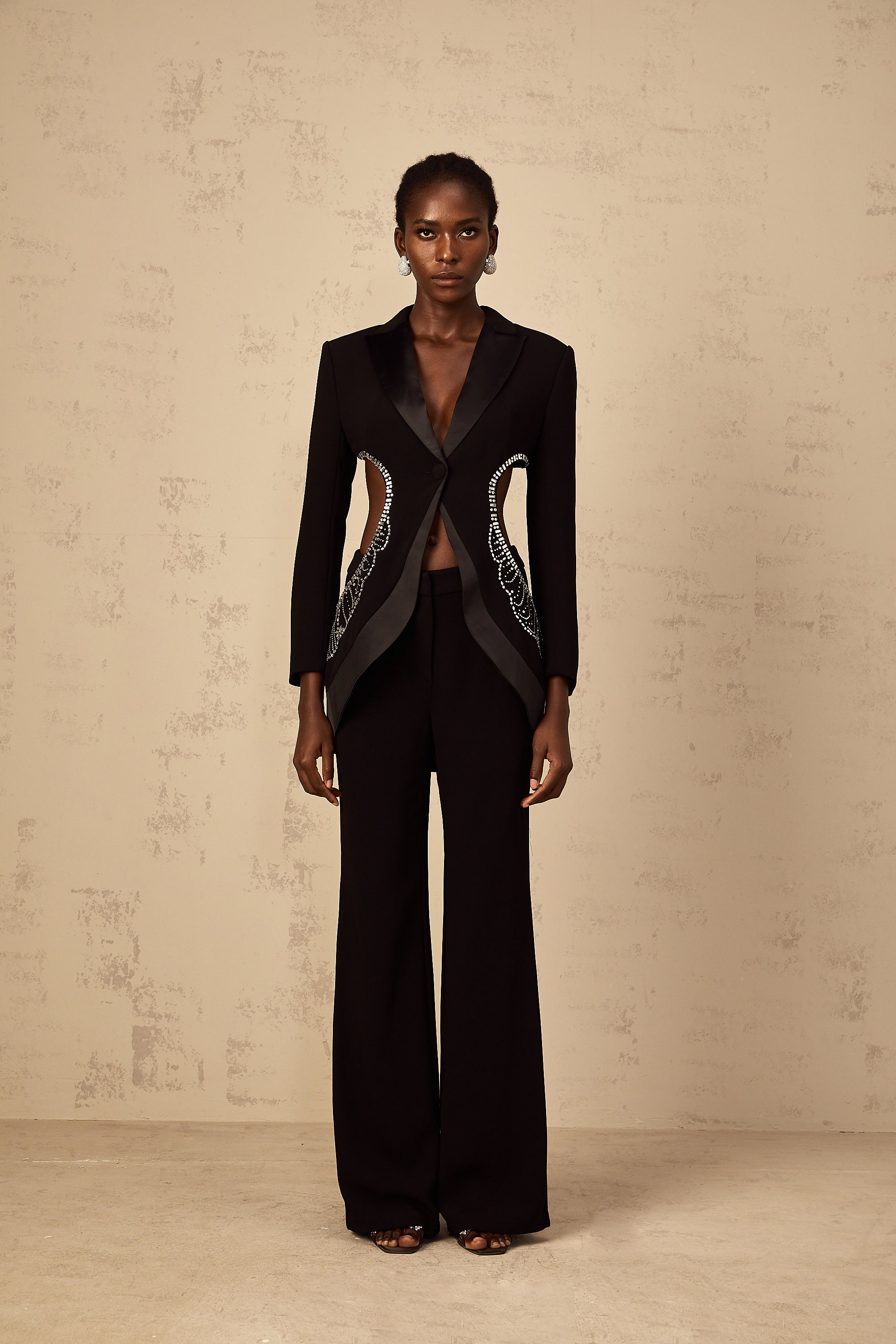 Annabelle Black Cut-Out Embellished Blazer & Trousers Set