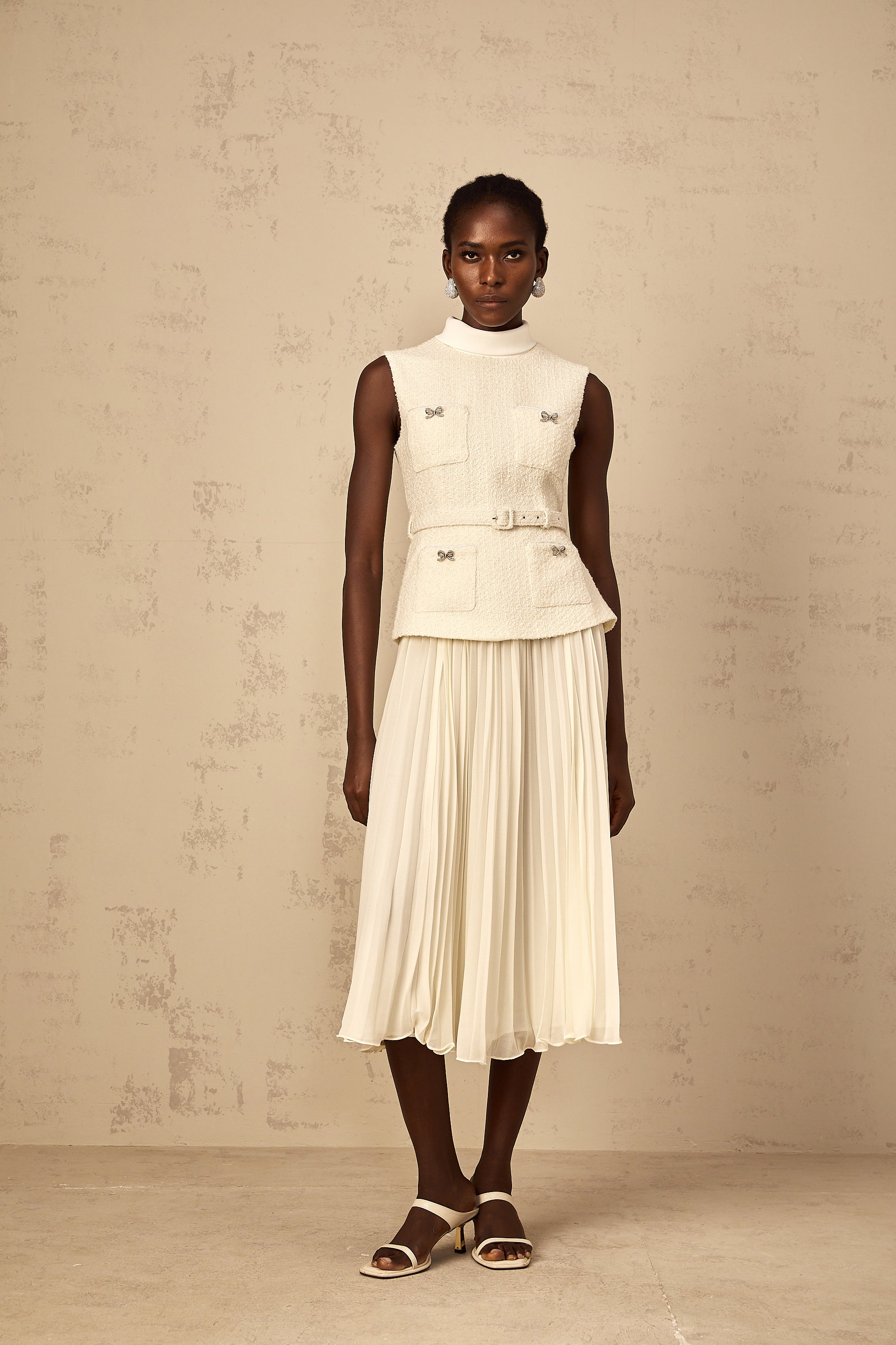 Dulcie Off-White Tulle Panel Tweed Midi Dress