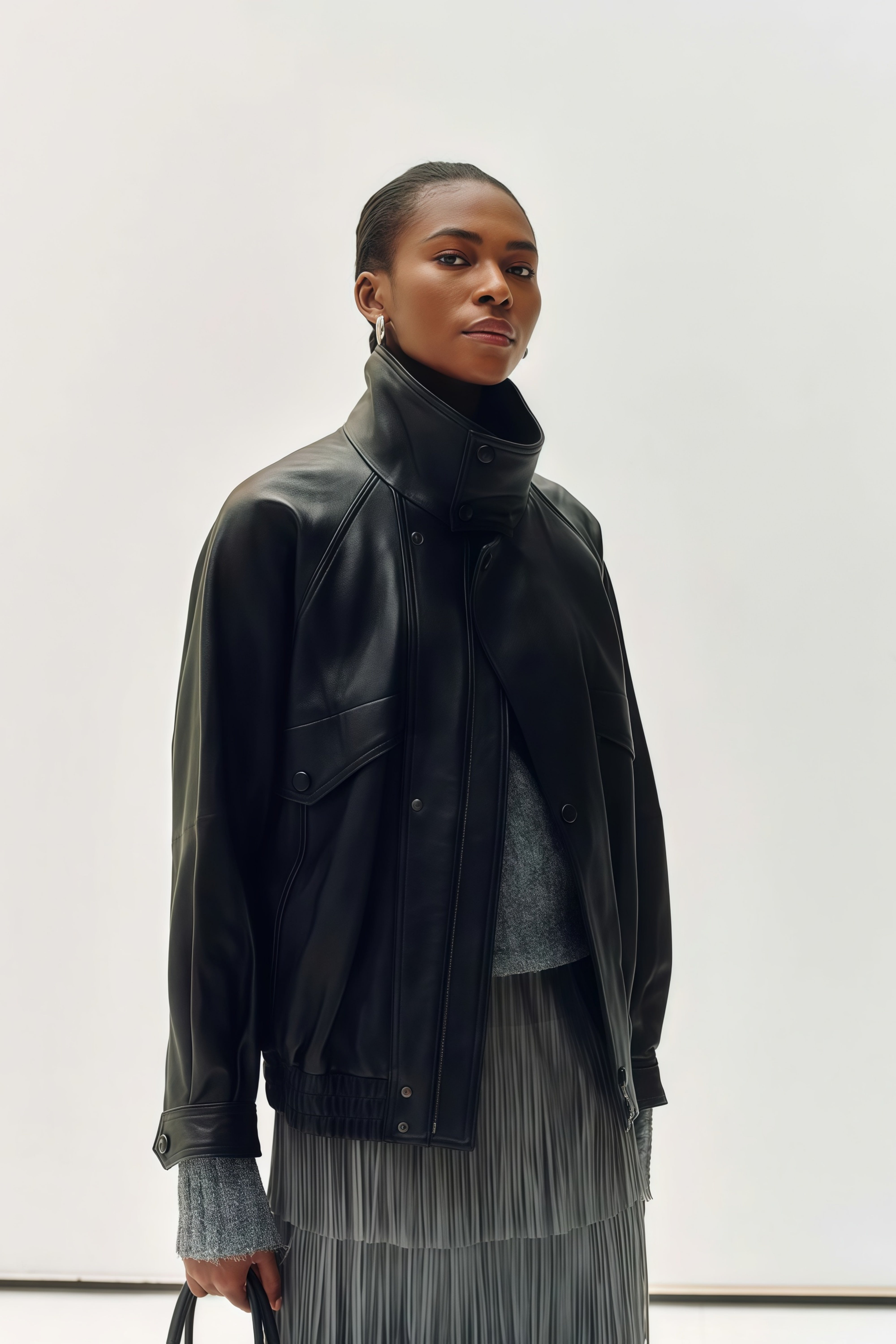 Fawn Black Stand Collar Leather Jacket