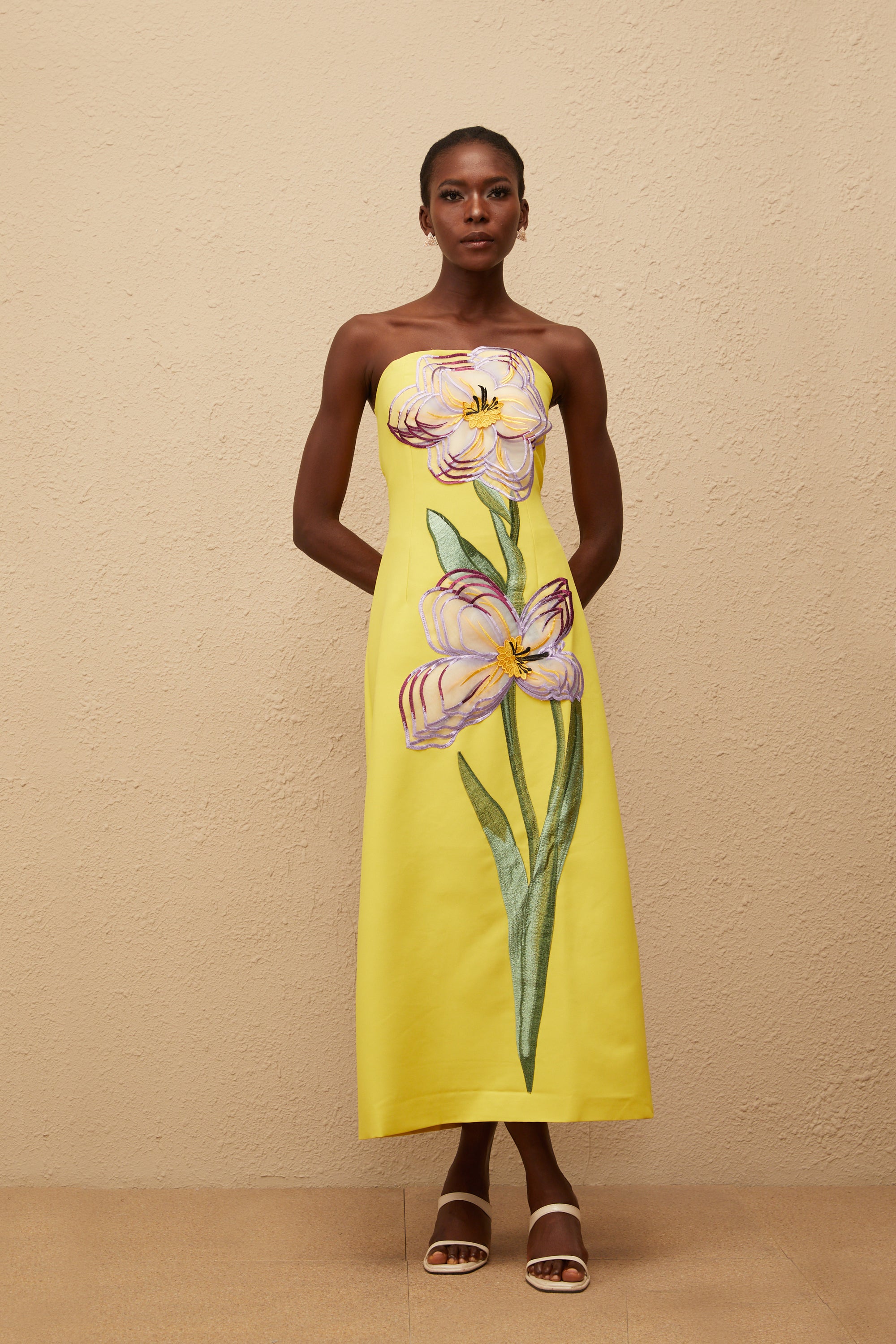 Irène Sequin Embroidered Off-Shoulder Midi Dress in Yellow