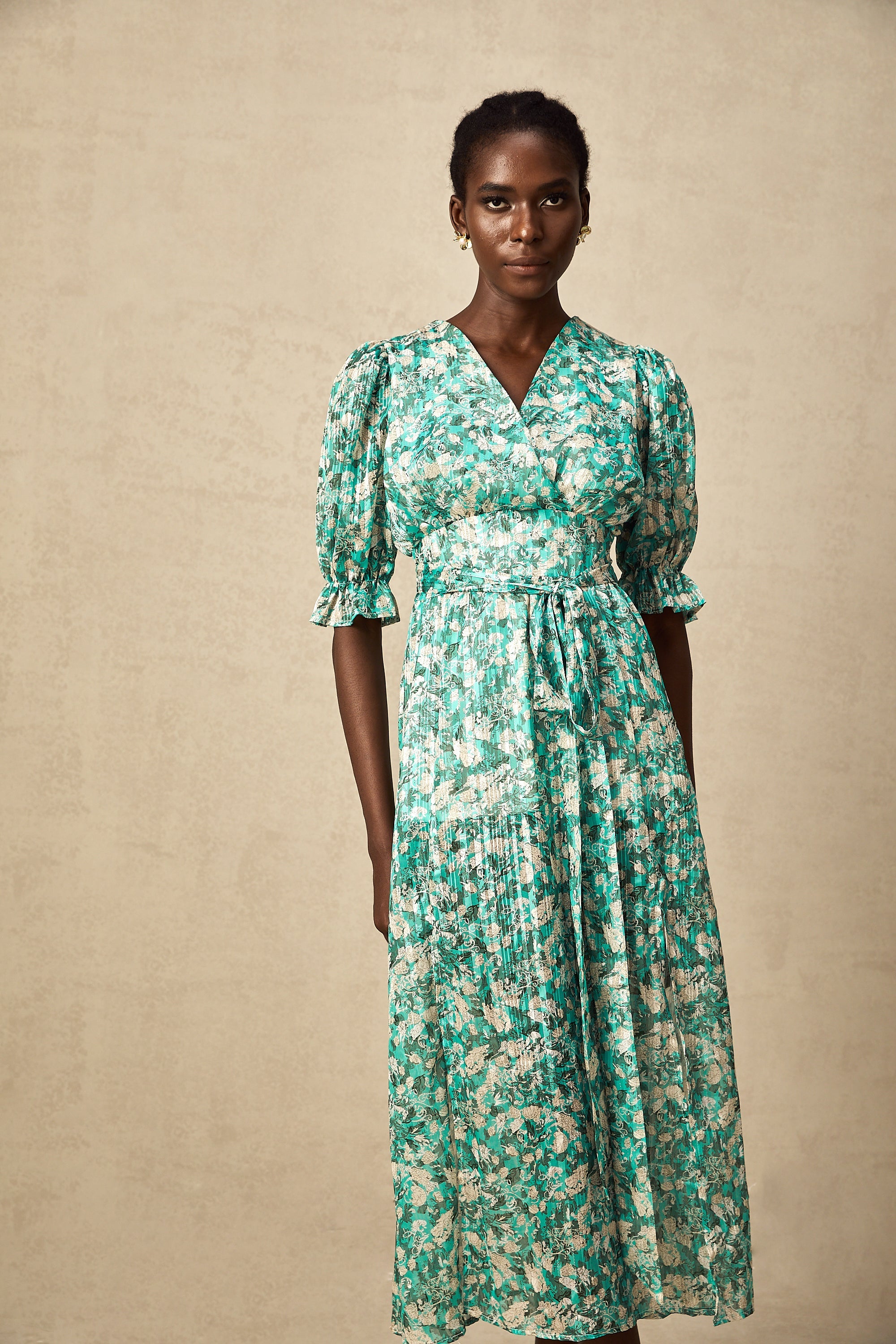 Alisa green floral-print high-slit midi dress