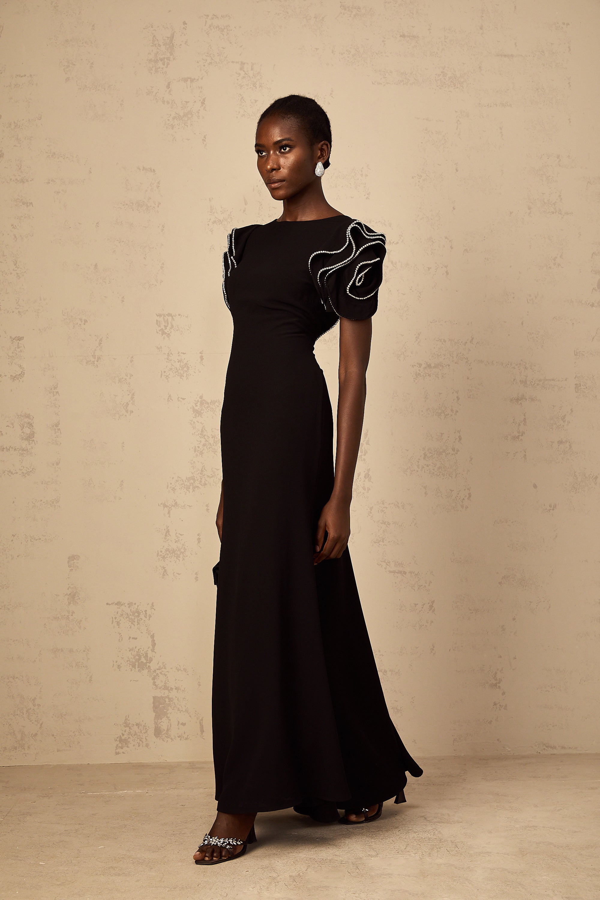 Bruyère Black Ruffled Embellished Maxi Dress