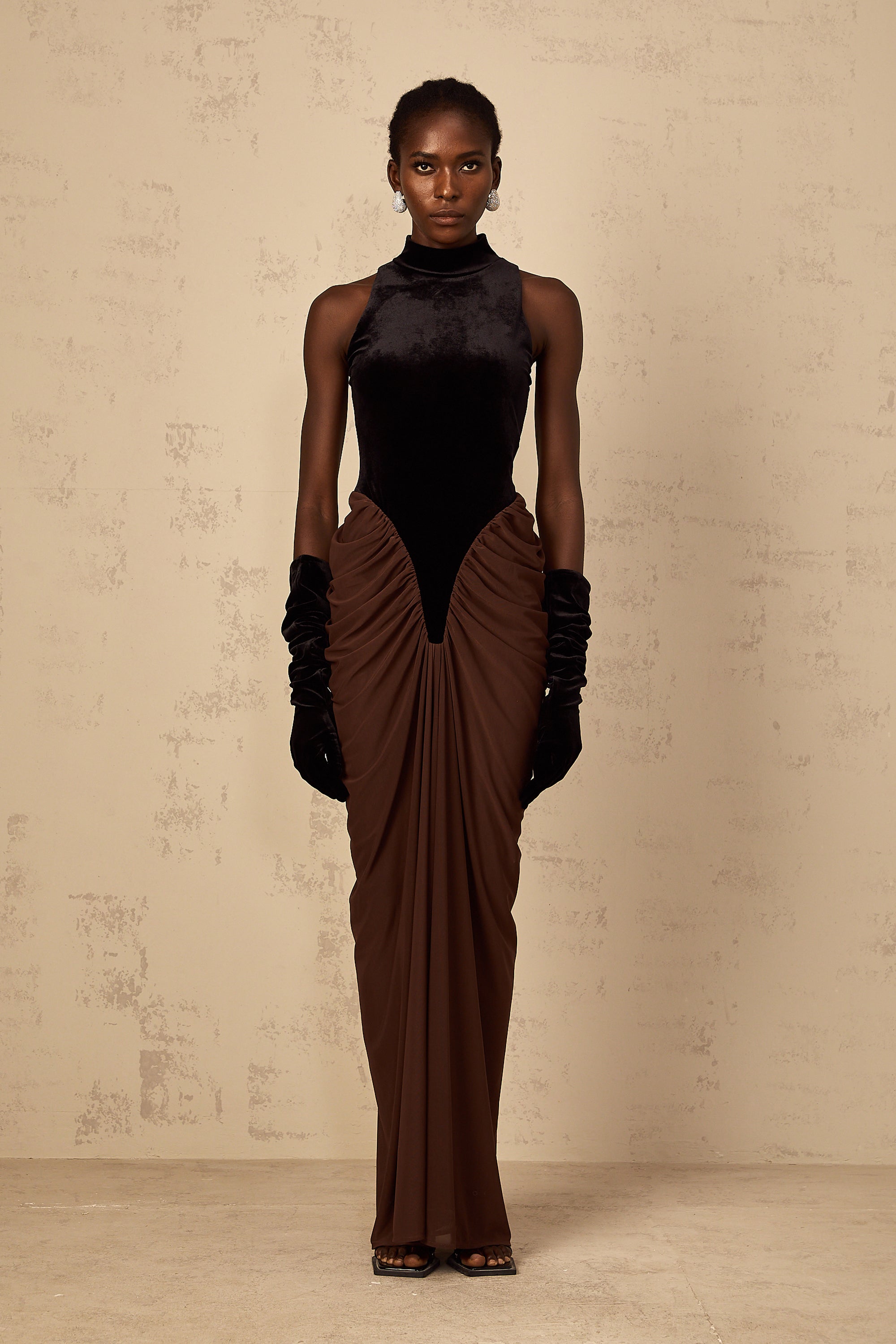 Mathilde brown velvet-panel ruched maxi dress