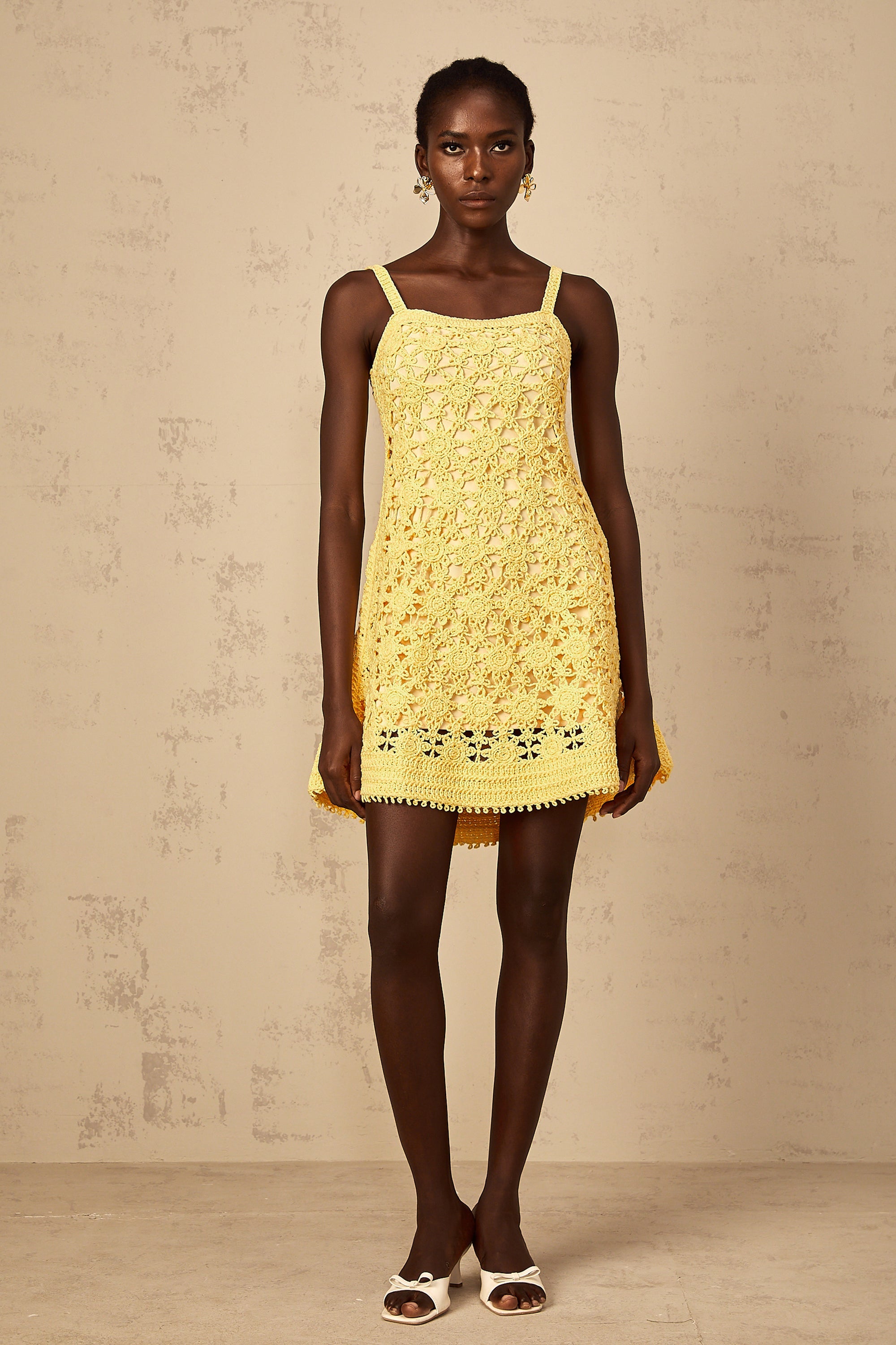 Isoline Yellow Flared Crochet Knit Mini Dress