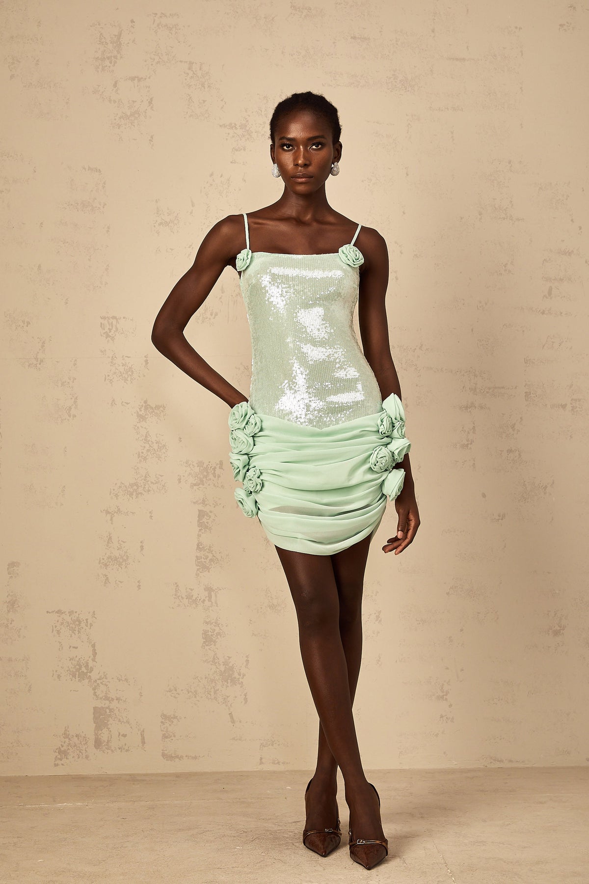 Élise green sequin-embellished floral mini dress