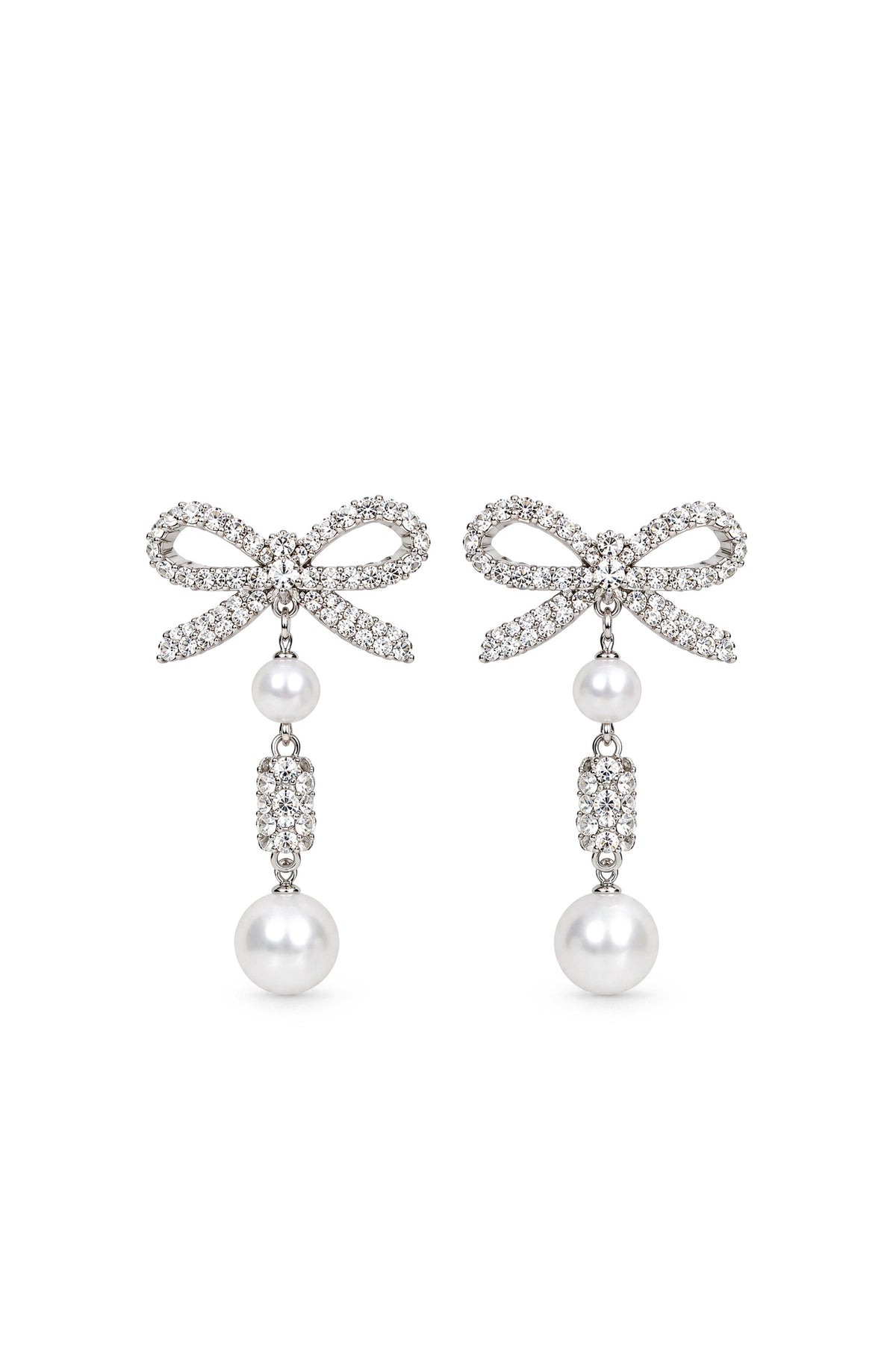 Arlette Silver Crystal Bow Necklace and Pearl Drop Earrings Set