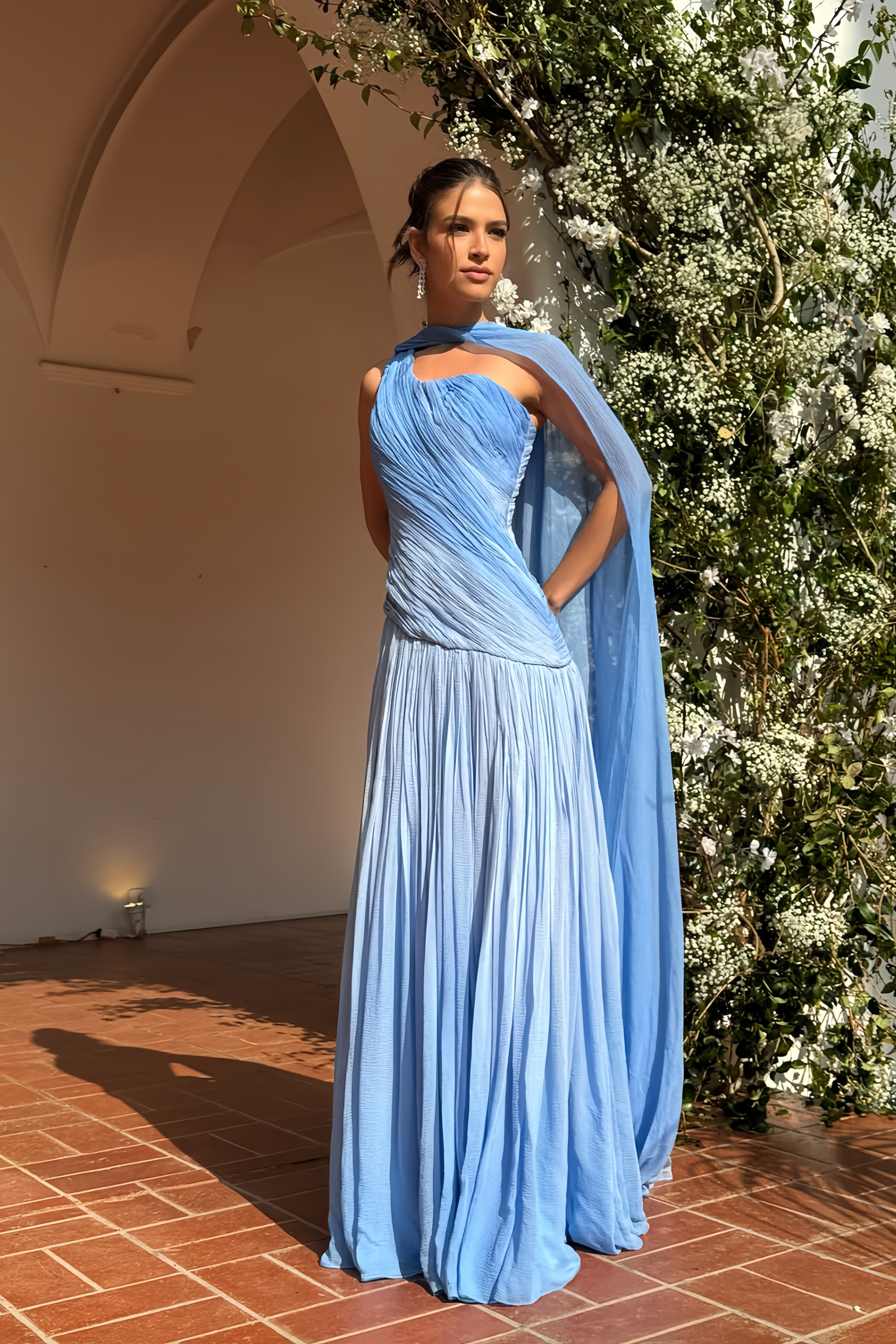 Faustine Blue Cape Design Ruched Maxi Dress