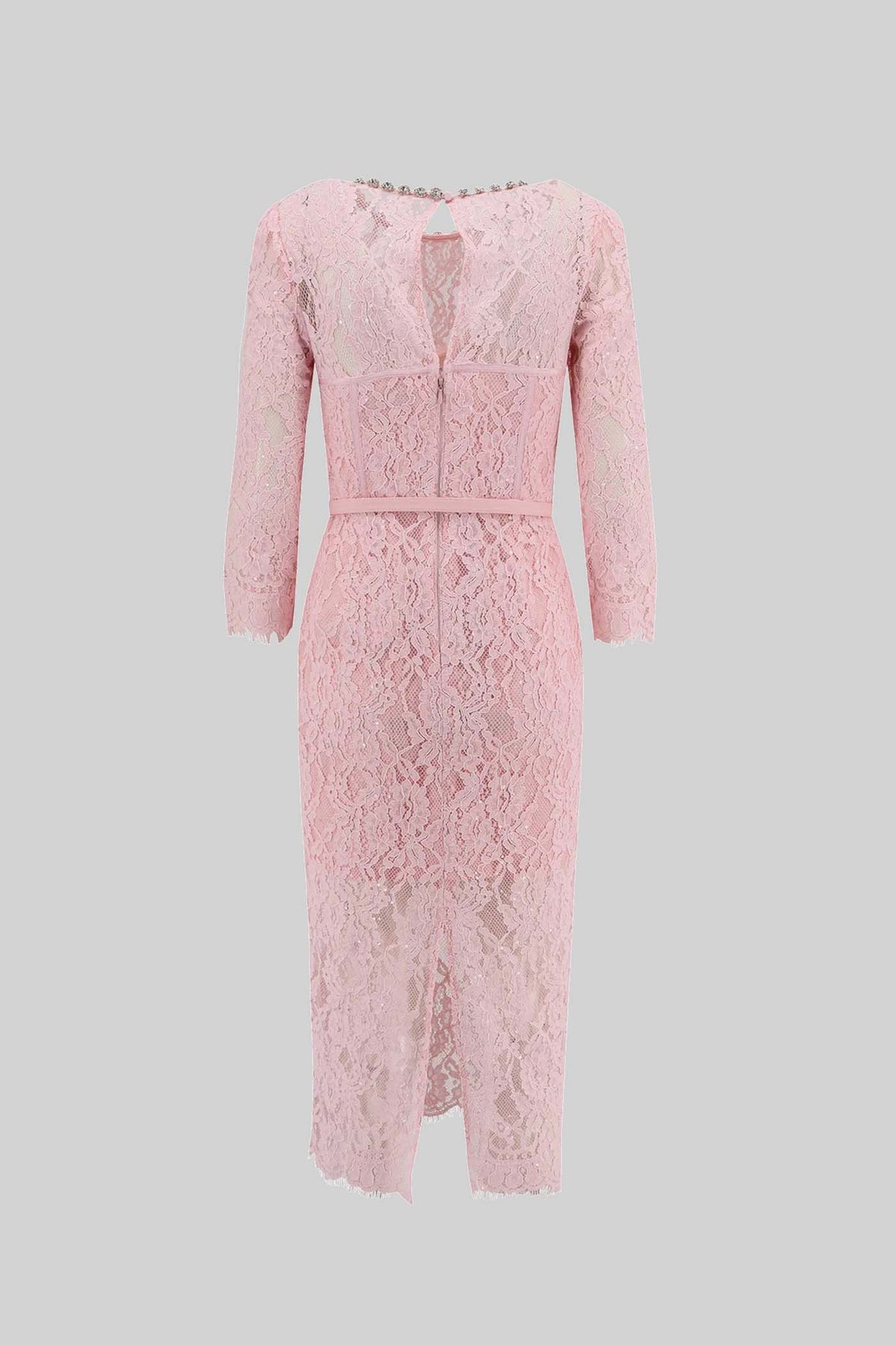 Elegant Long Sleeve Lace Dress With Matching Waist Belt - Pink