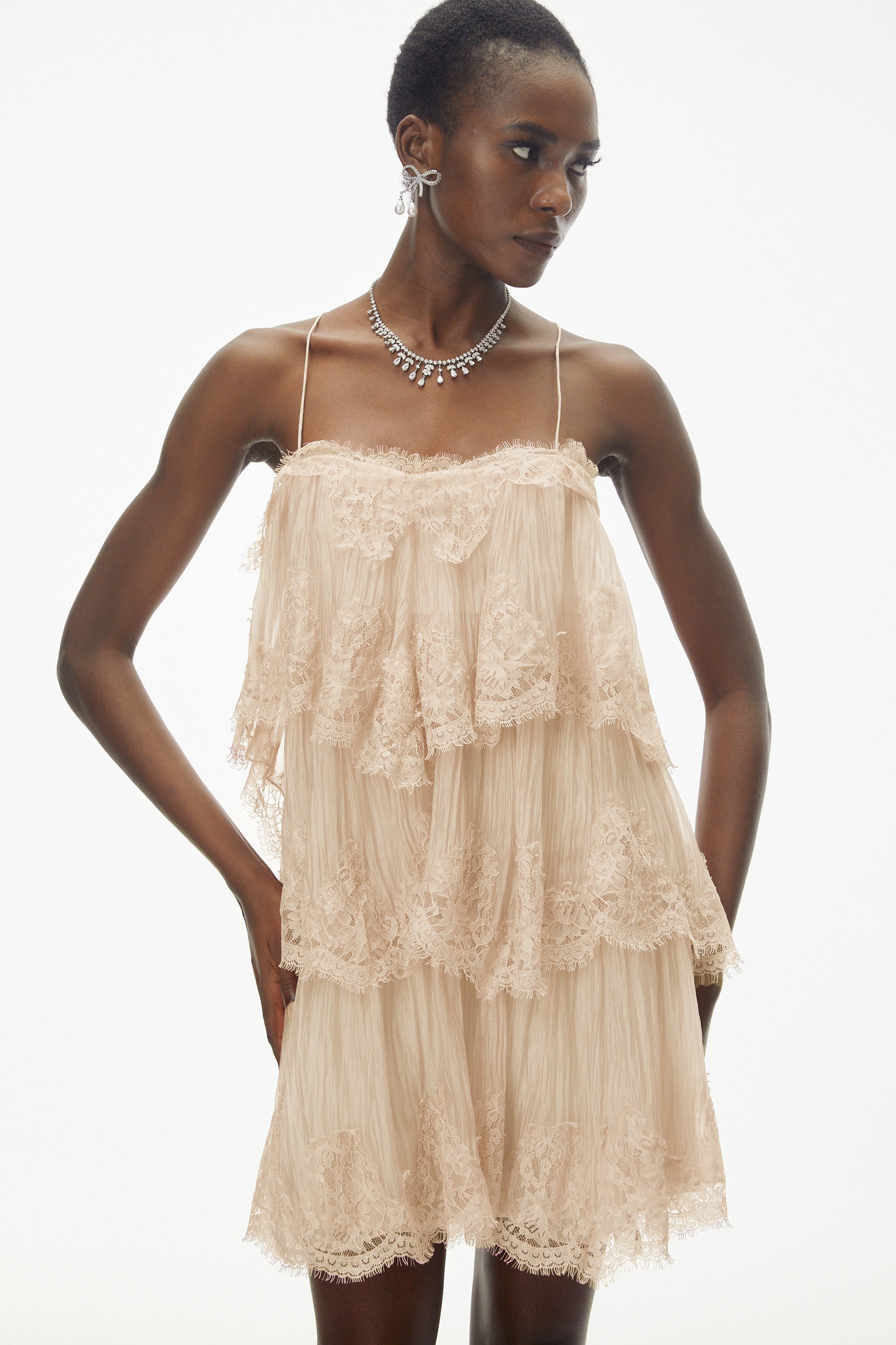 Rachel Beige Tiered Mini Dress with Lace Trim