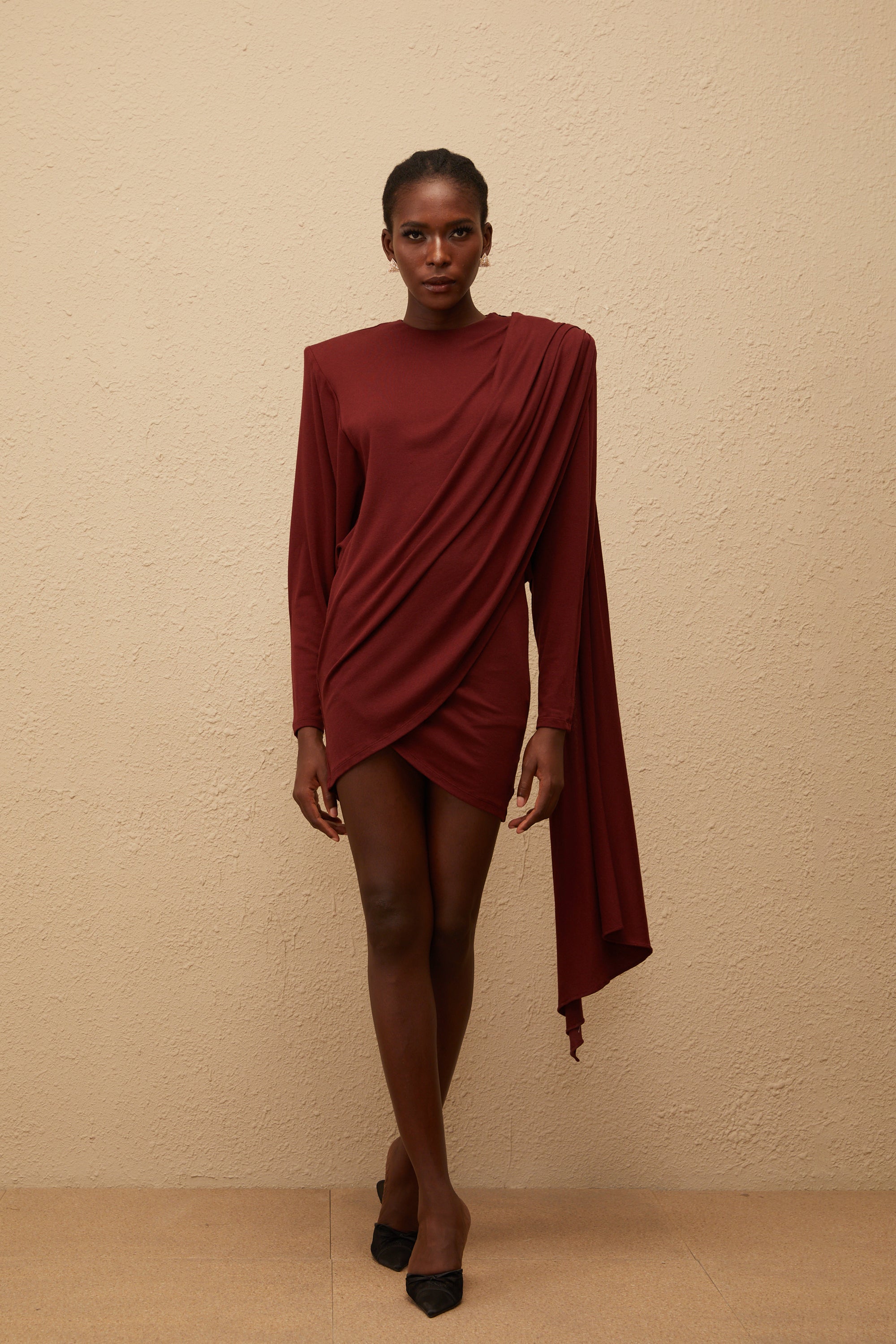 Garance Maroon Asymmetrical Knit Mini Dress (Final Sale-US Only)