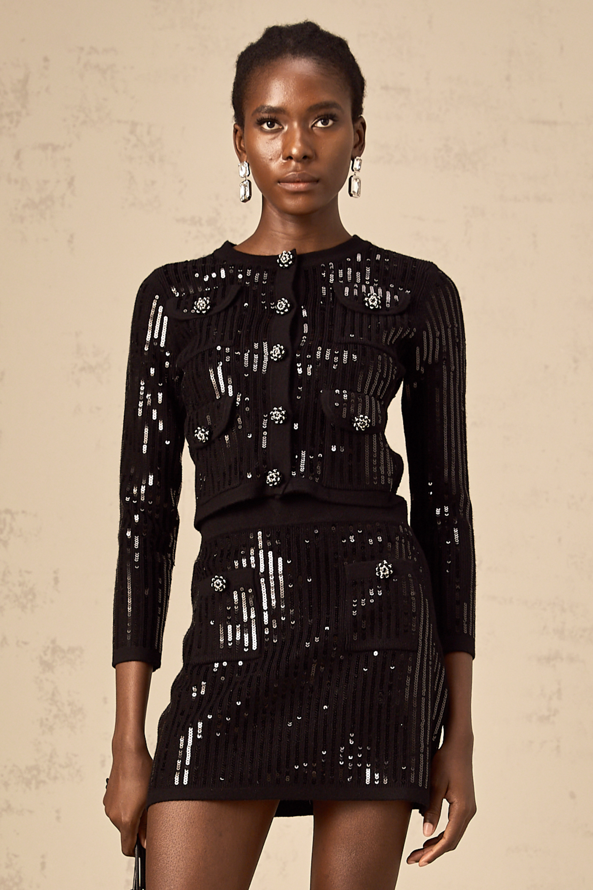 Iris black sequined ribbed-knit cardigan & skirt matching set (Final Sale)