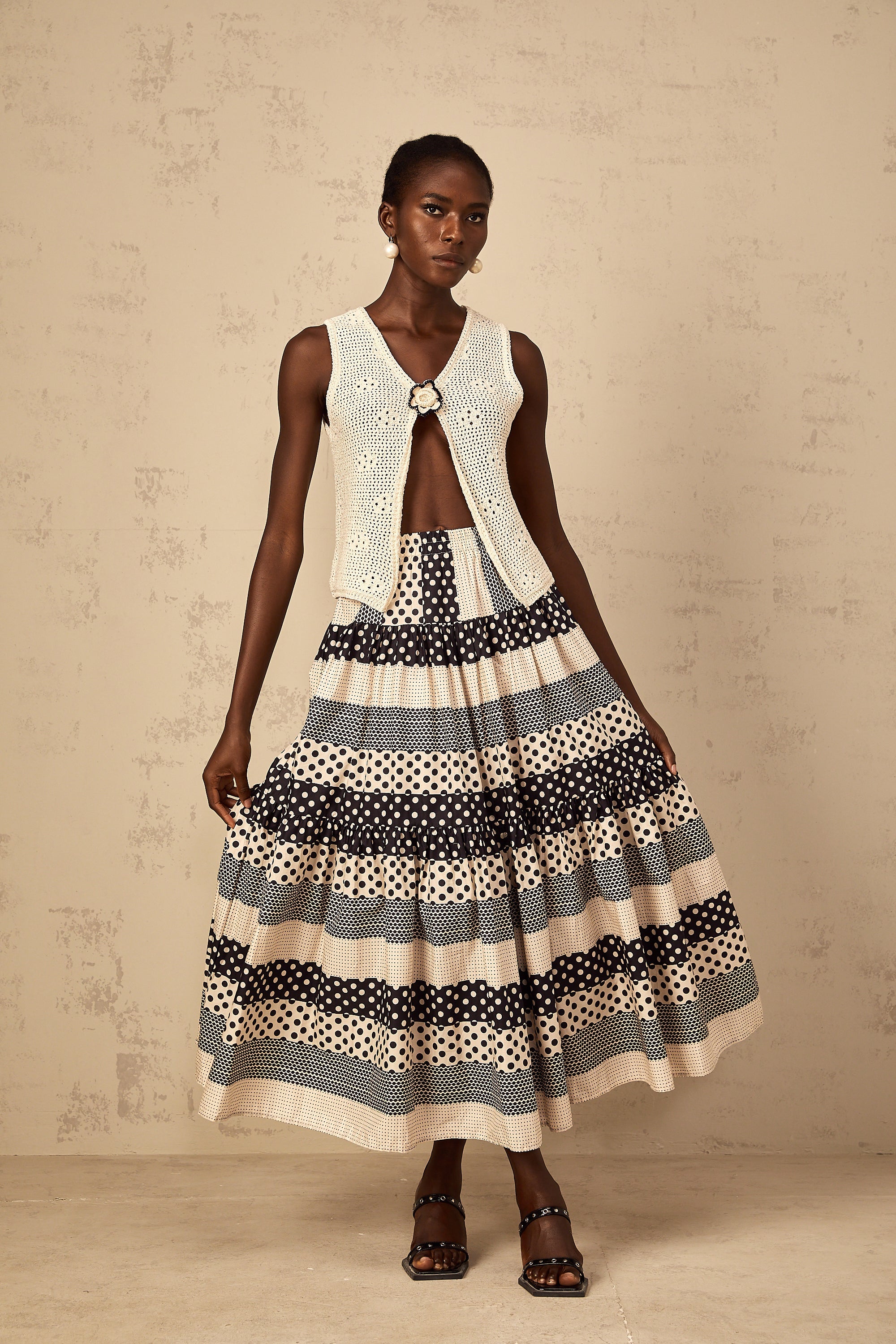 Joséphine Color Block Shirred Polka Dot Skirt