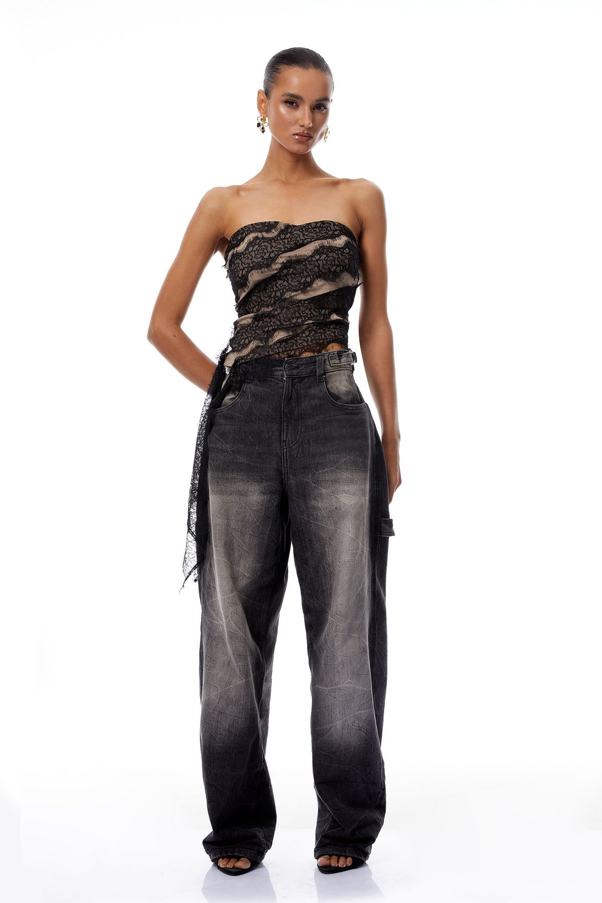 Giulia Black Lace Ribbon Panel Crop Top