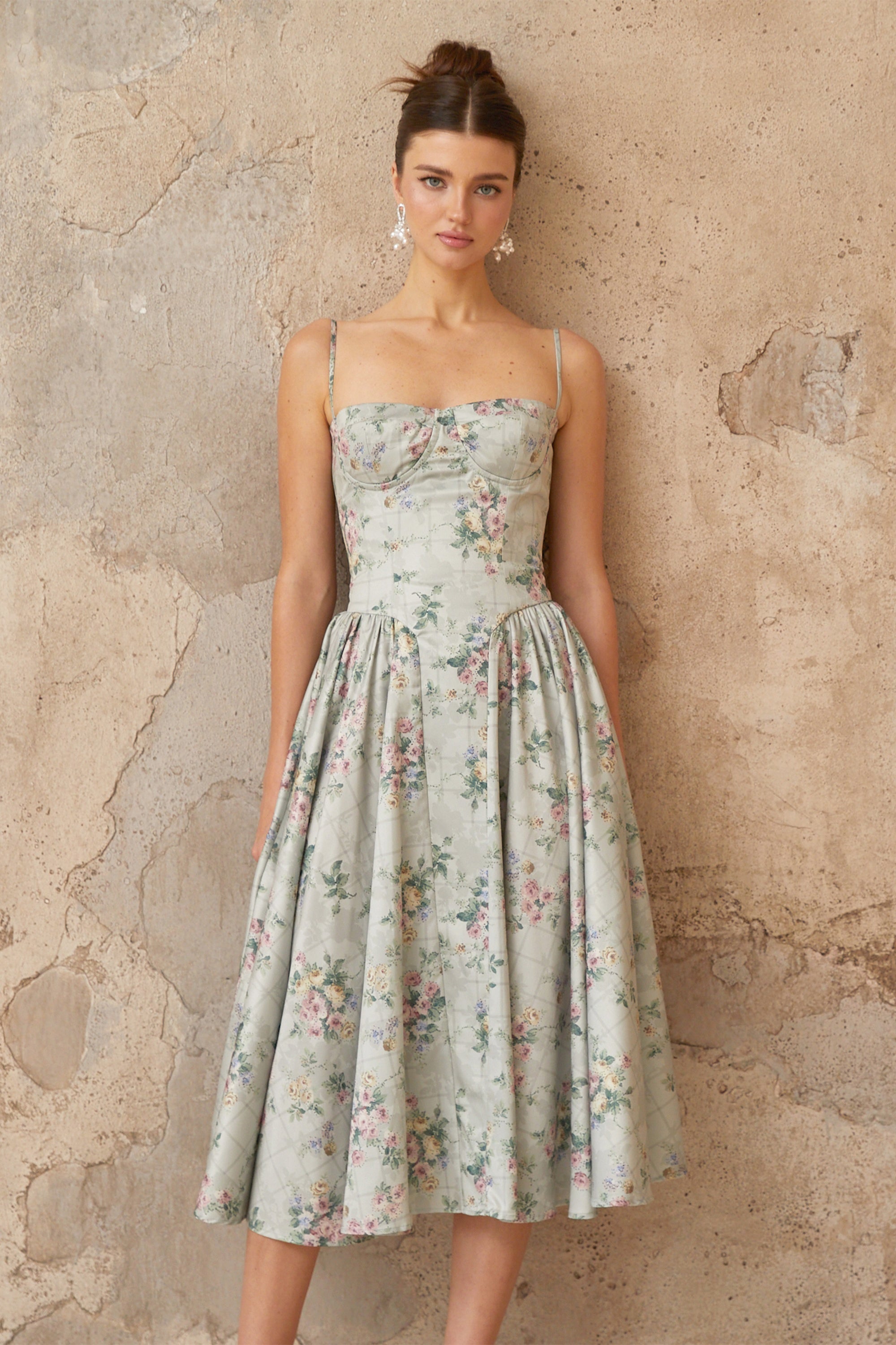 Prunelle sage-green floral-print shirred midi dress
