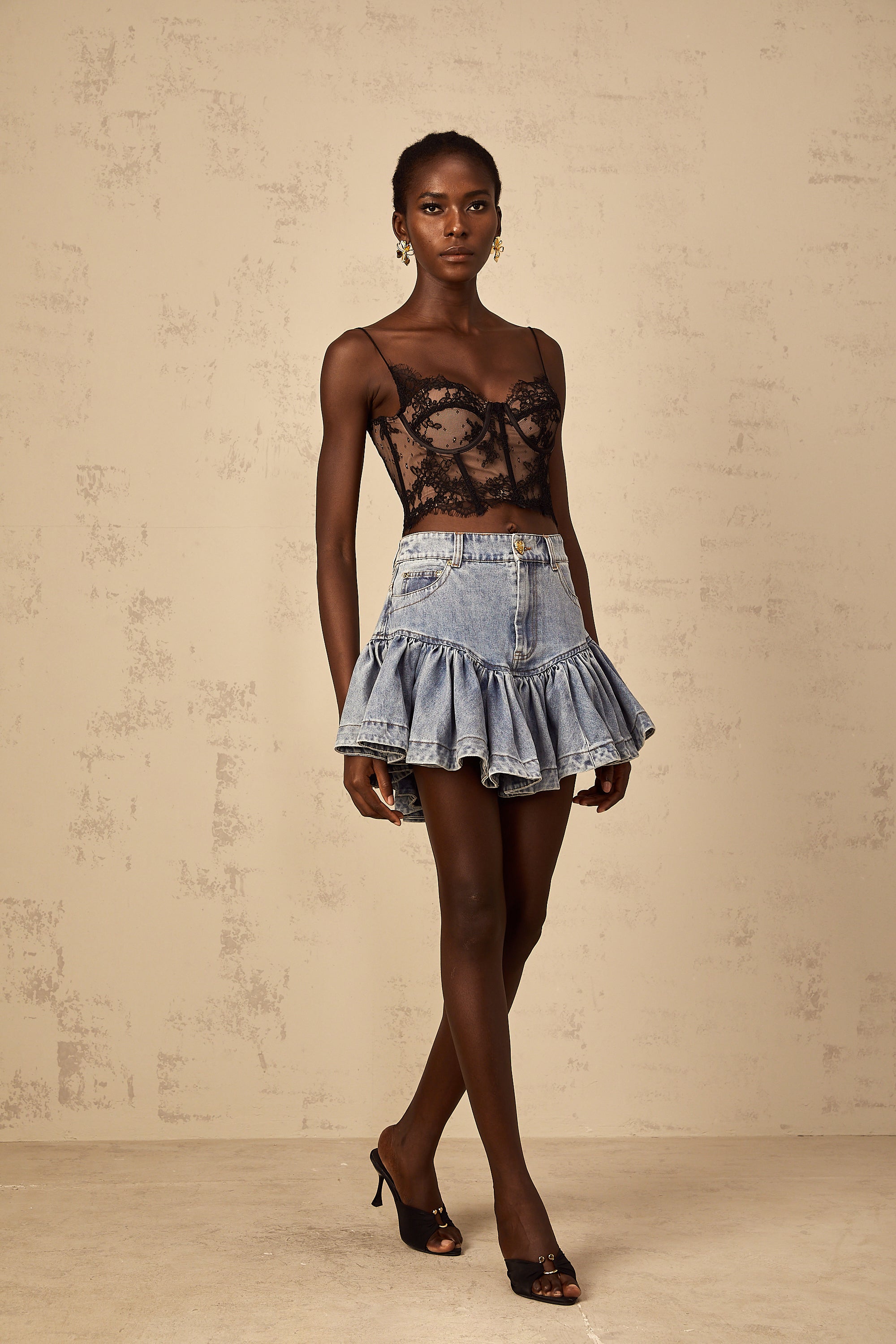 Florence Ruffled Denim Mini Skirt in Light Blue (Final Sale-US Only)