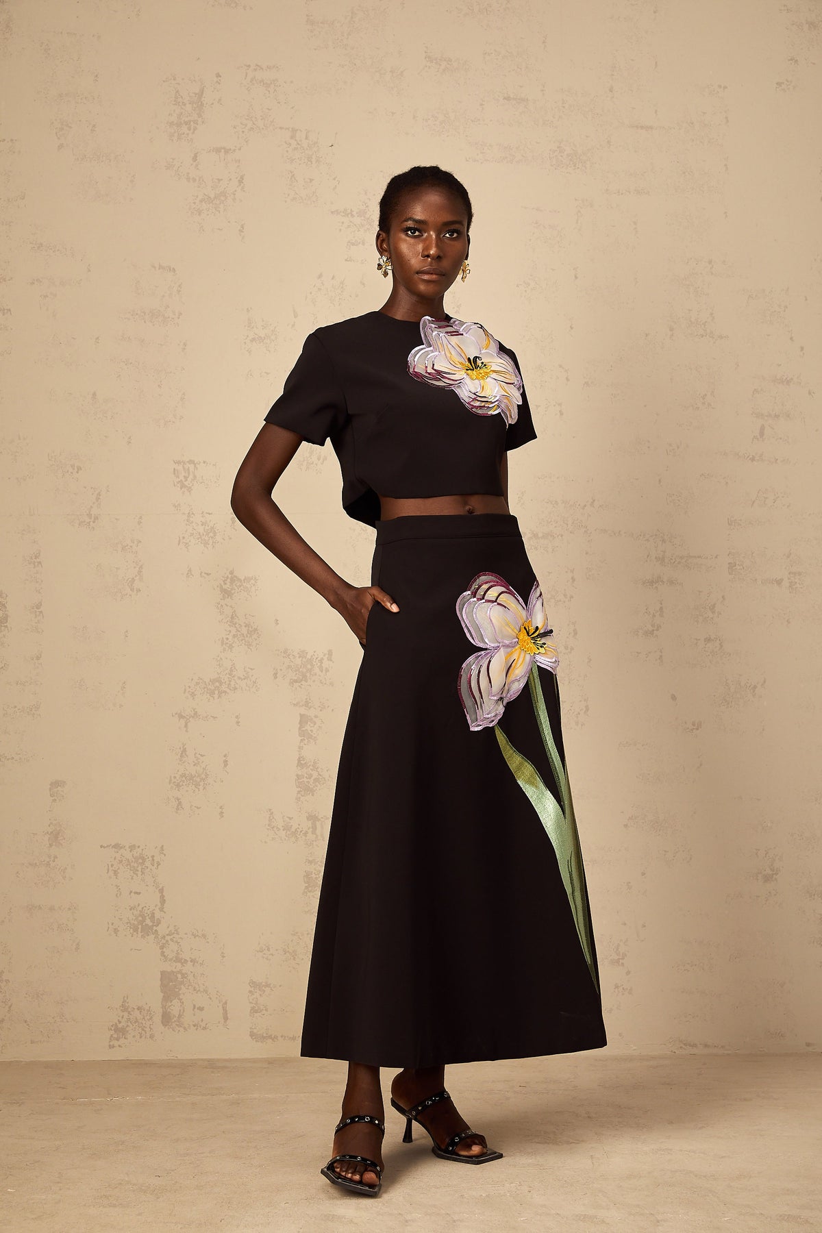 Irène Black Sequin Floral Embroidered Matching Set (Final Sale-US Only)