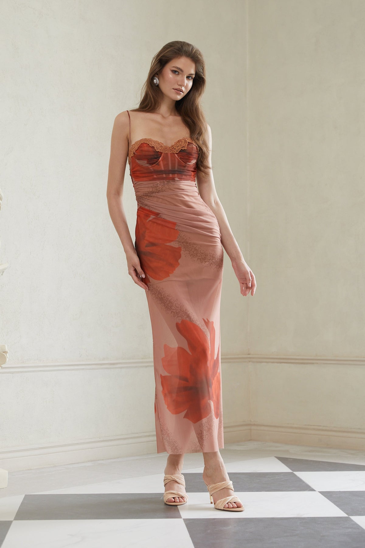 Églantine Brown Floral Print Mesh Maxi Dress (Final Sale)