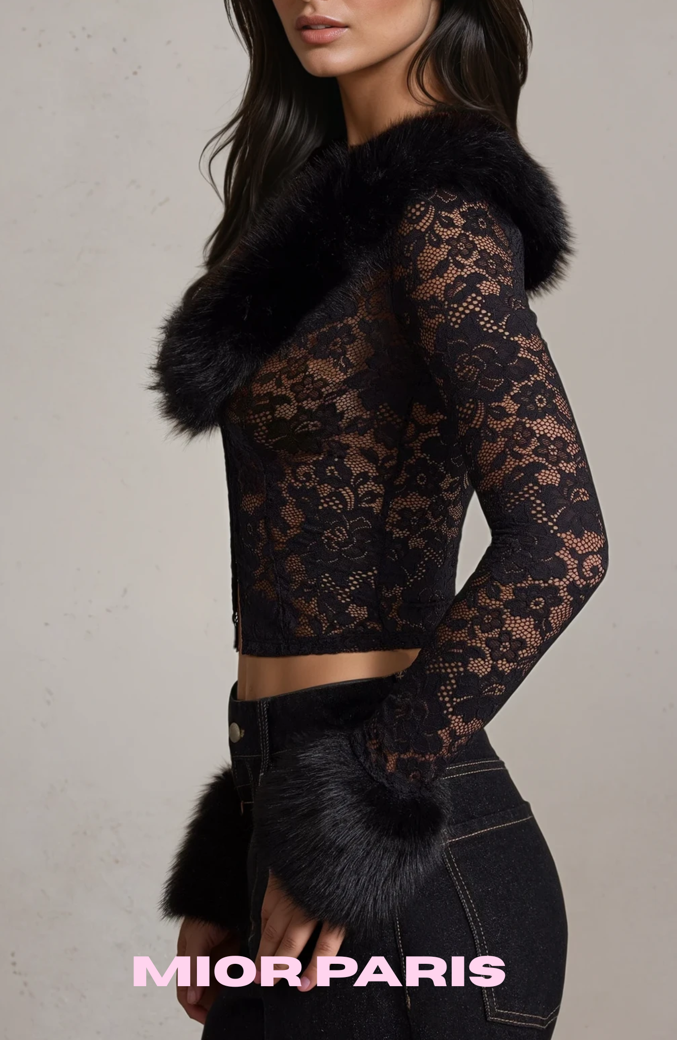 CELIA Faux Fur-Trim Lace Cardigan and skirt set in Jet Black