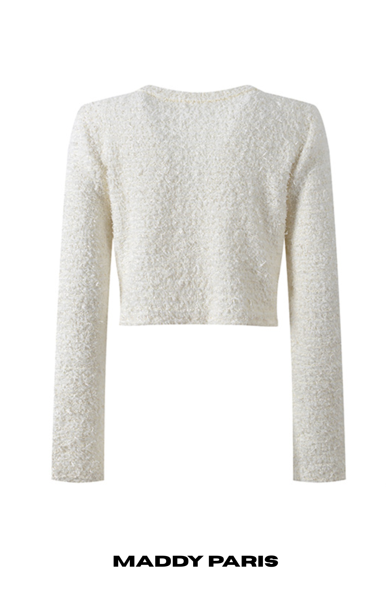 CHLOE CREAM BOUCLÉ KNIT CROPPED CARDIGAN WITH CRYSTAL BUTTONS - WHITE