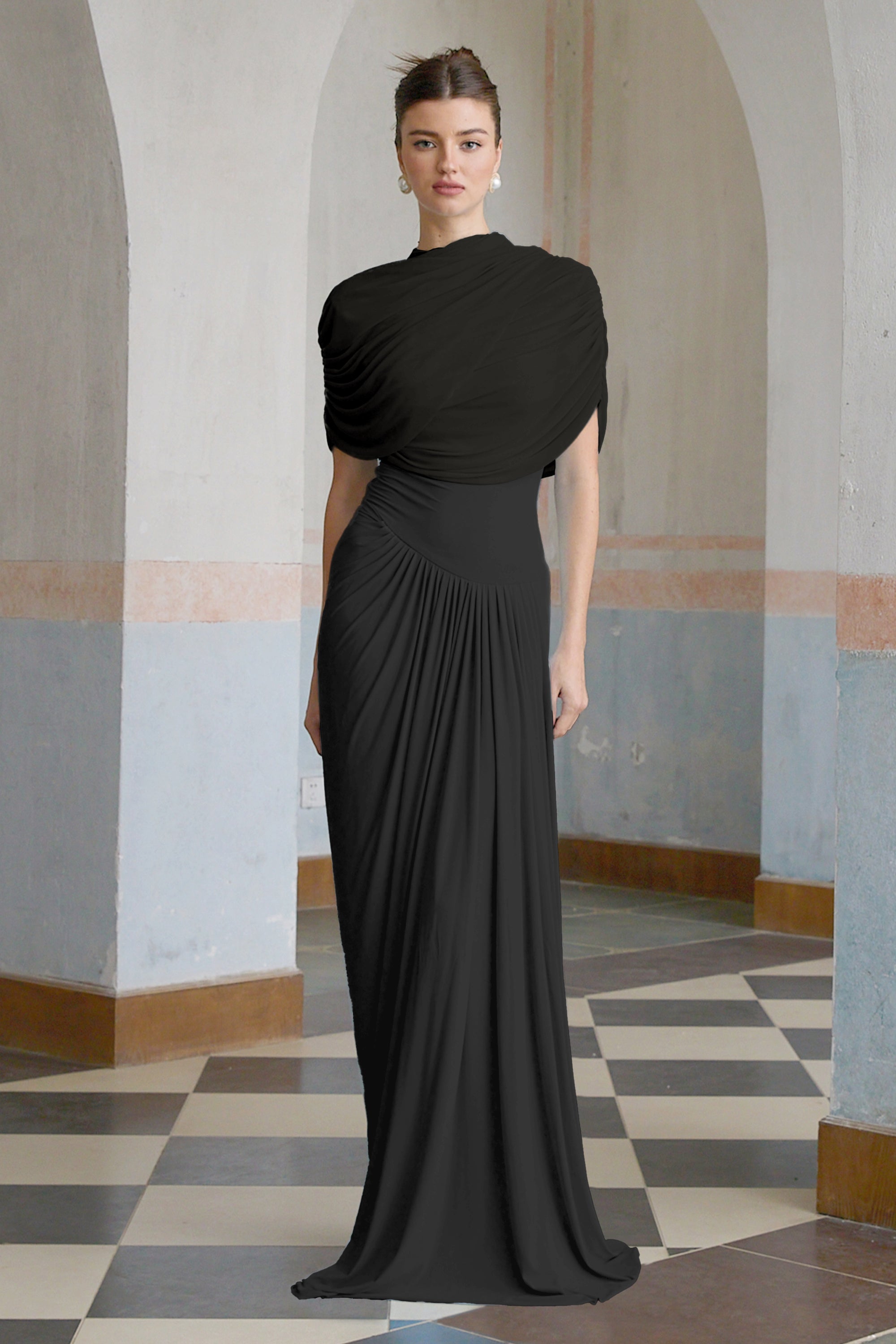Catherine asymmetric pleated maxi dress in Black
