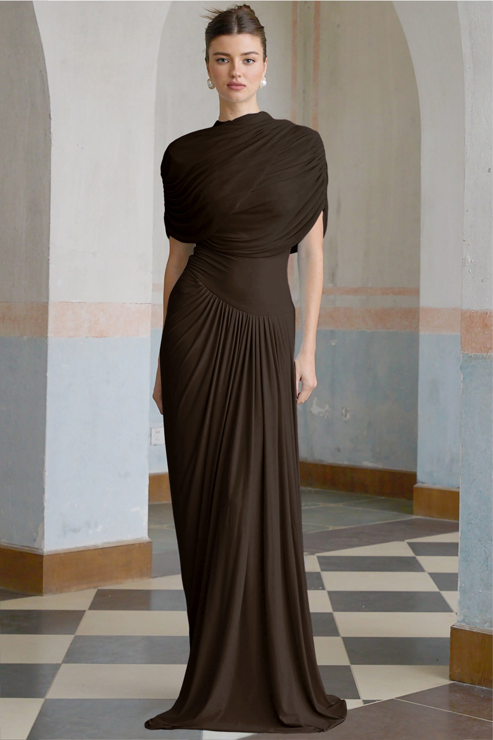 Catherine asymmetrical pleated maxi dress in Brown (Final Sale-US Only)
