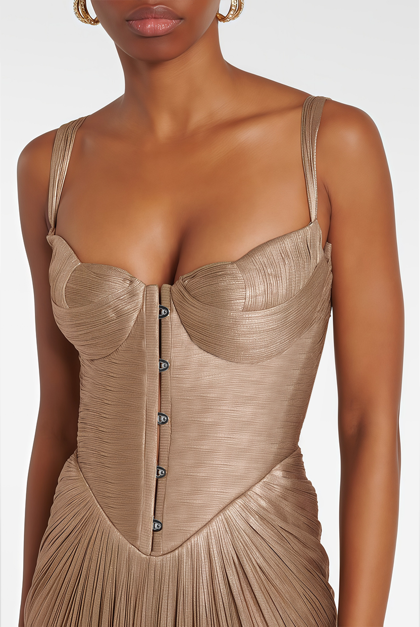 Nicoletta Gold Glossy Pleated Corset Maxi Dress (Final Sale-US Only)