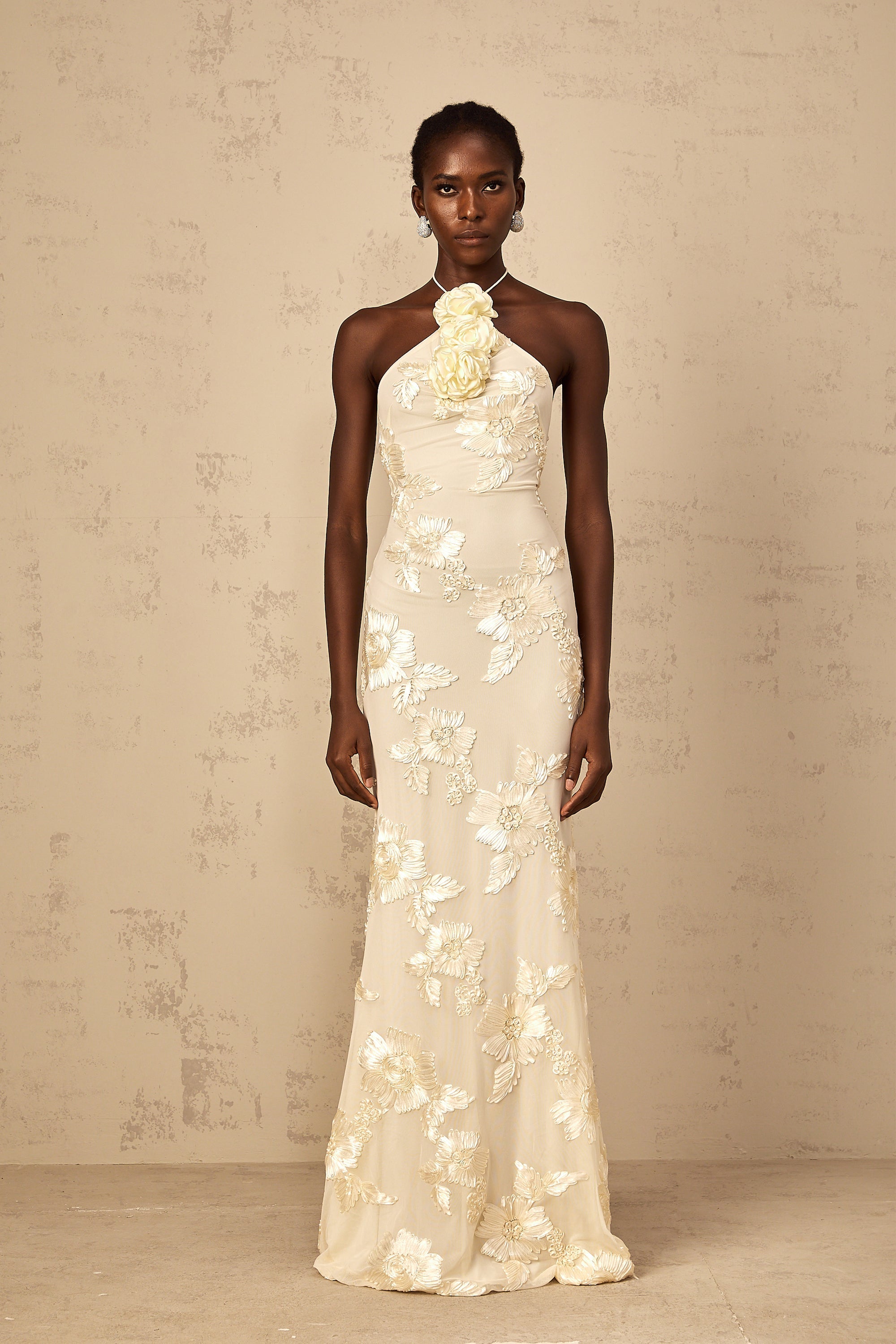 Melanie Neutrals Embroidered Halterneck Maxi Dress (Final Sale-US Only)