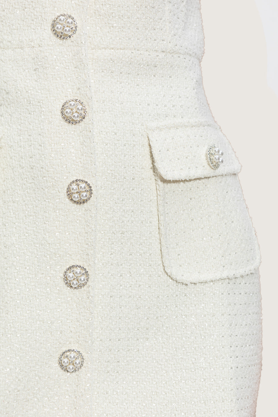 Textured Sleeveless Dress With Pearl Button Accents - White