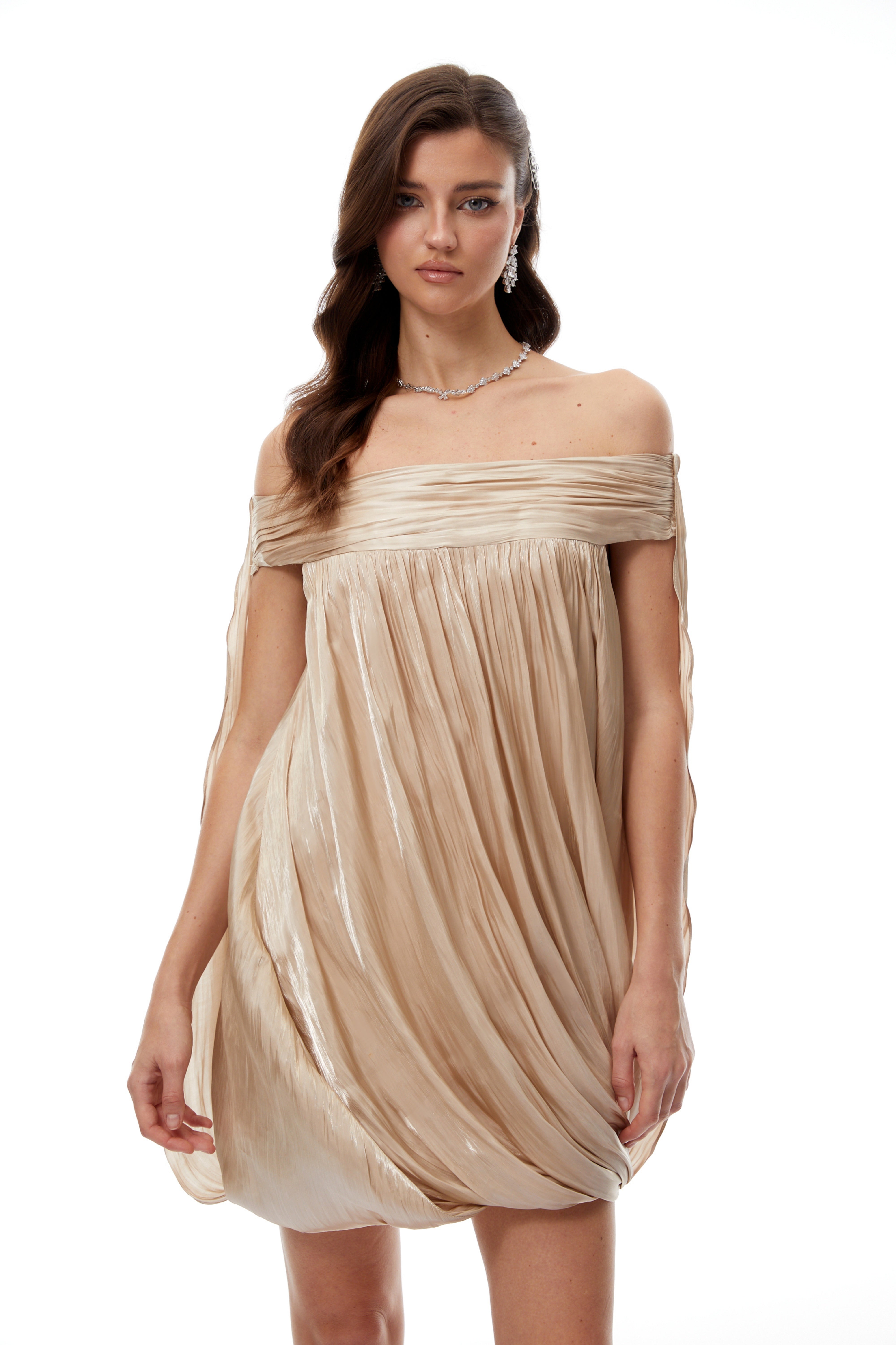 Anastasia Neutral Draped Glossy Mini Dress