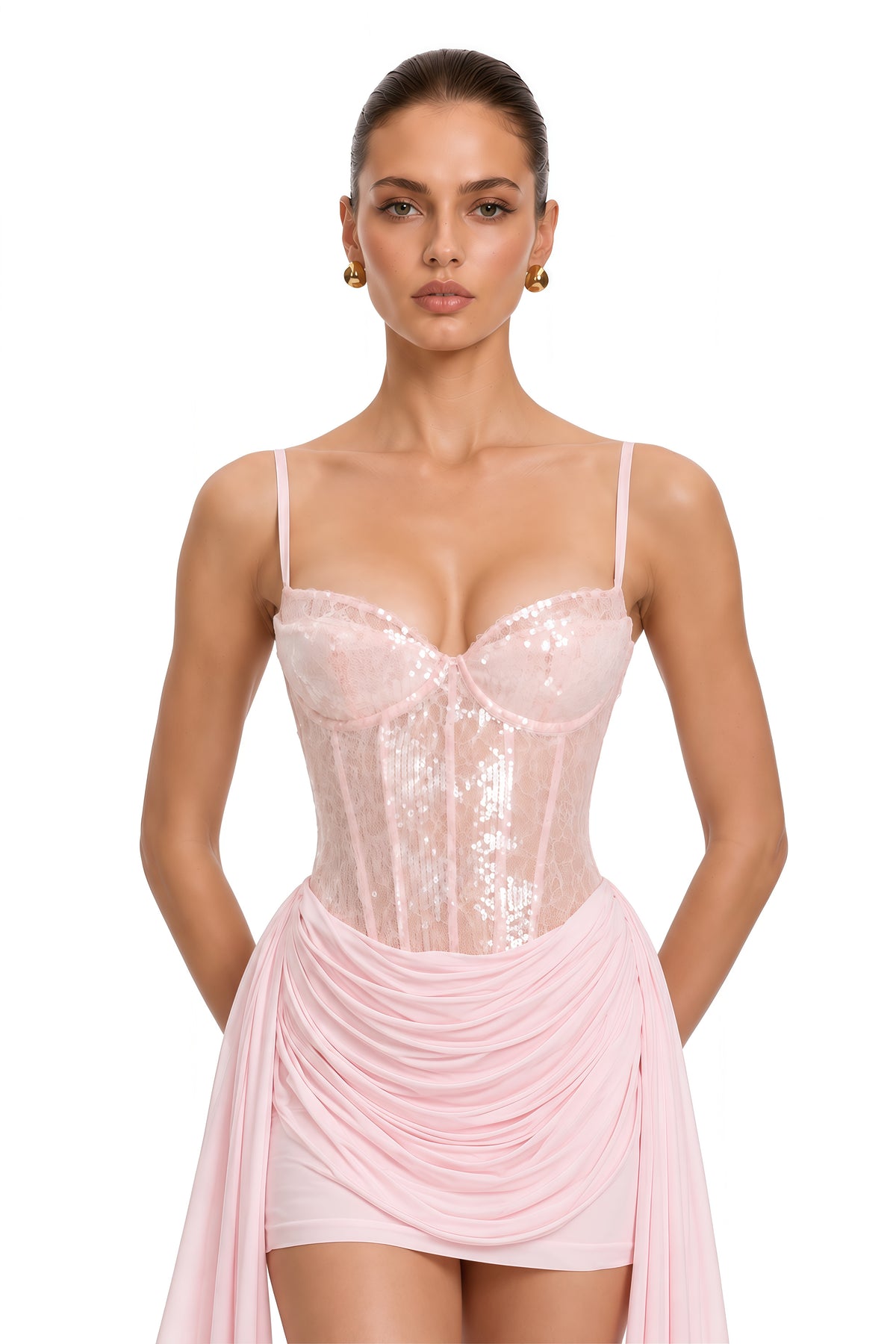 wilhelmina pink ruched mini dress with ribbon detail