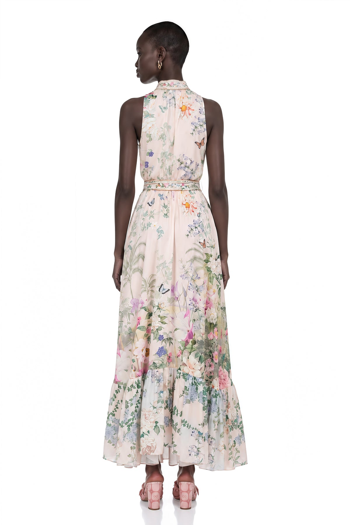 madeleine neutral floral print satin maxi dress
