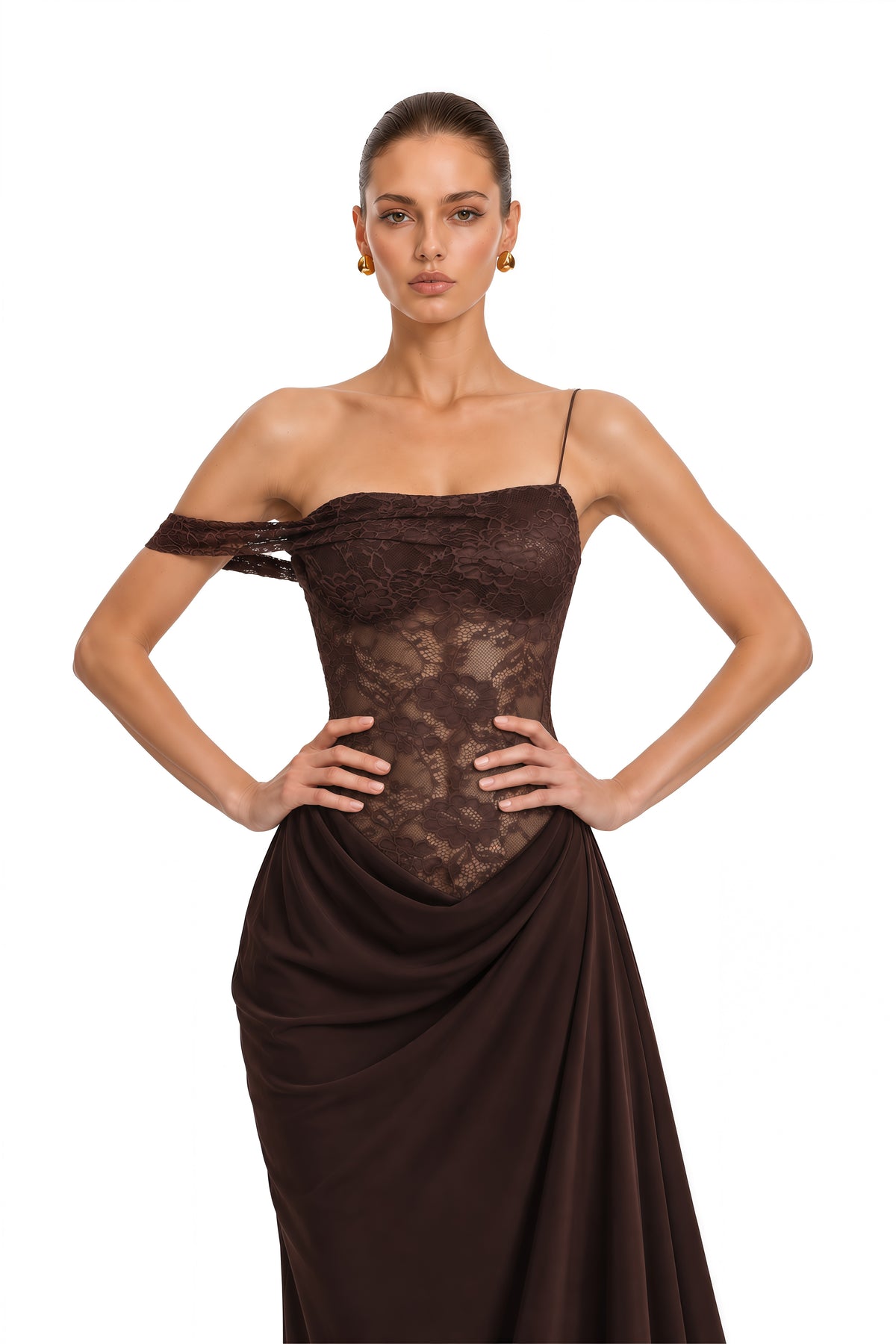 sunniva brown lace panel asymmetrical maxi dress