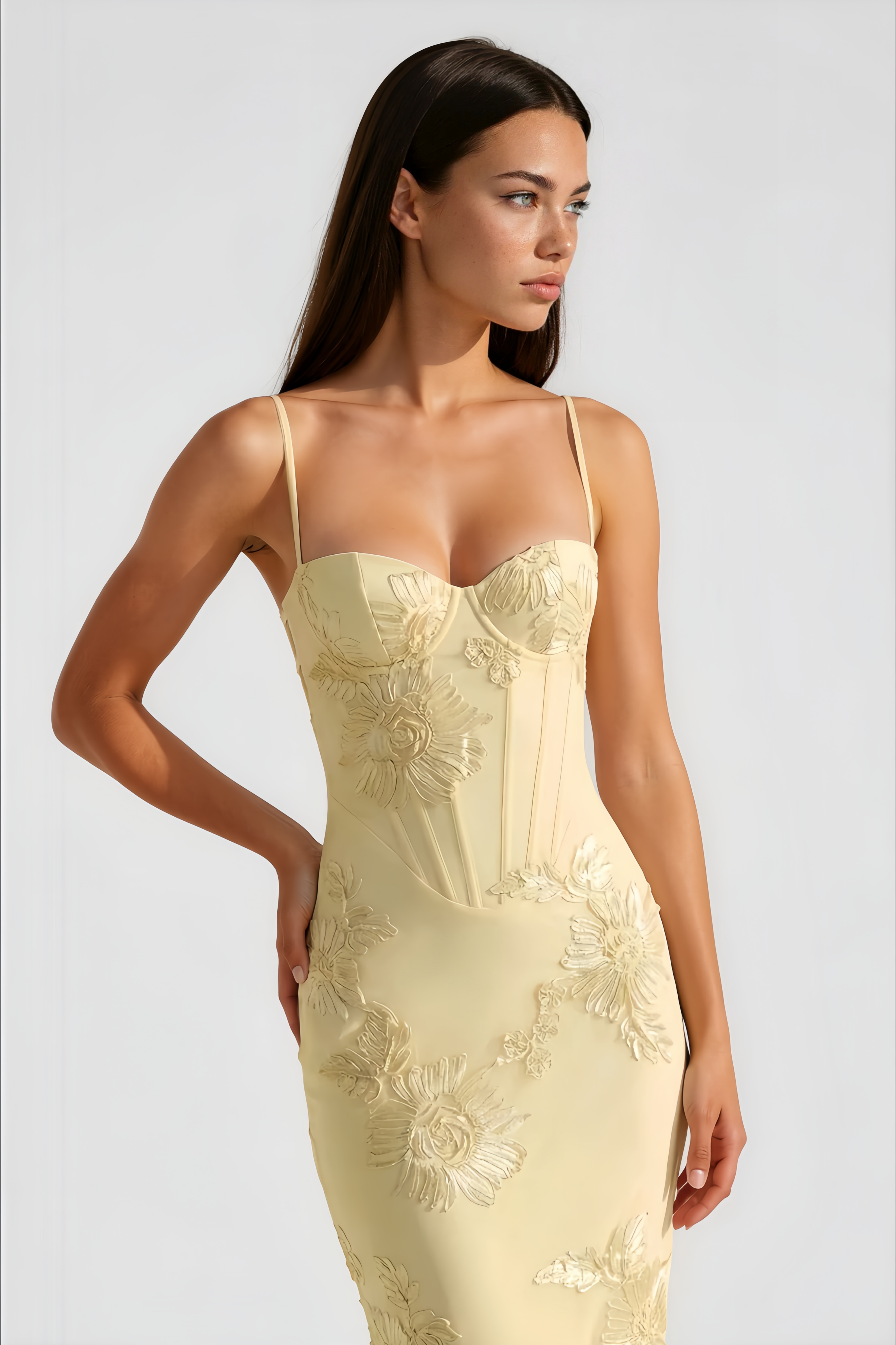 Théoline Yellow Floral Appliqué Corset Maxi Dress