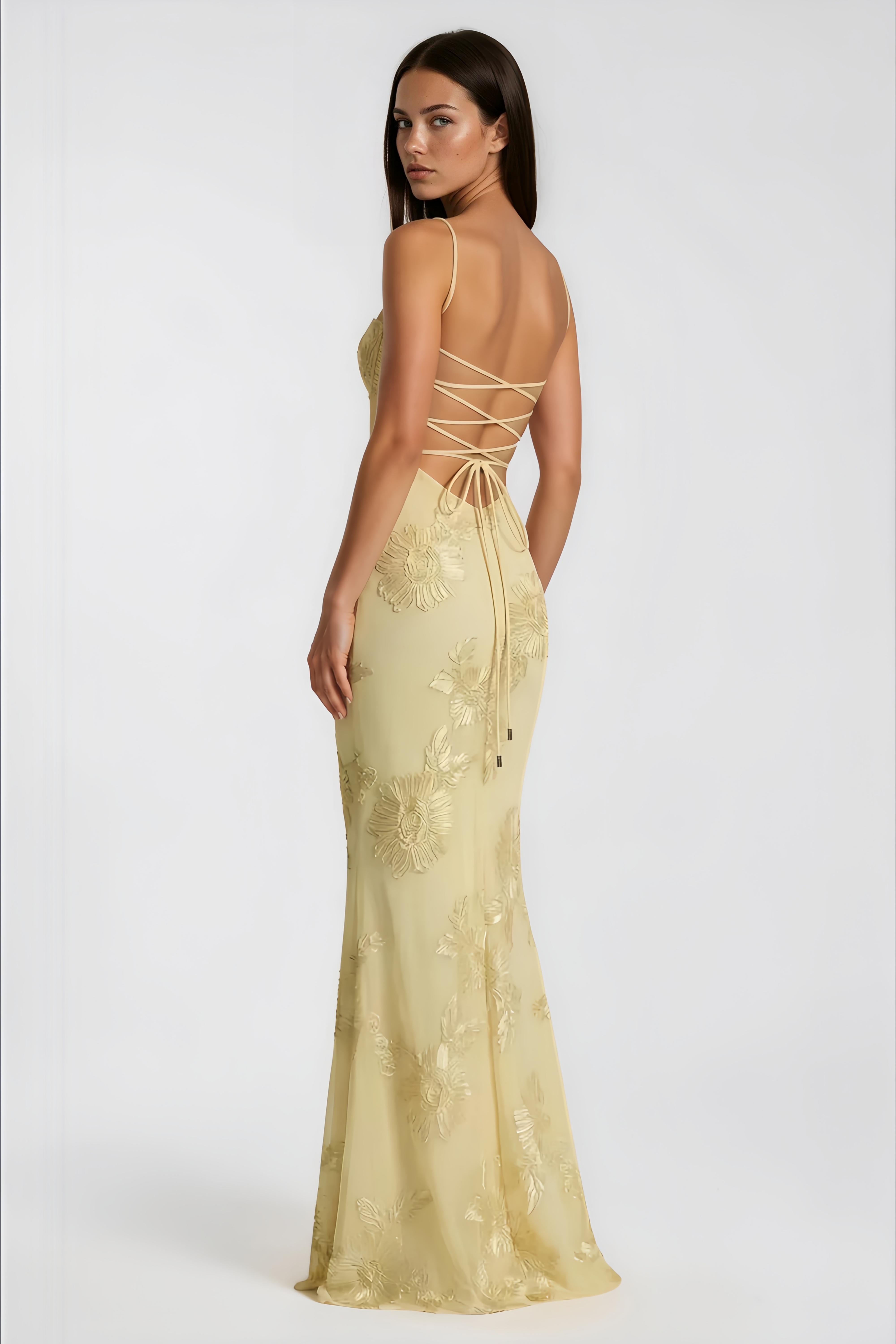 Théoline Yellow Floral Appliqué Corset Maxi Dress
