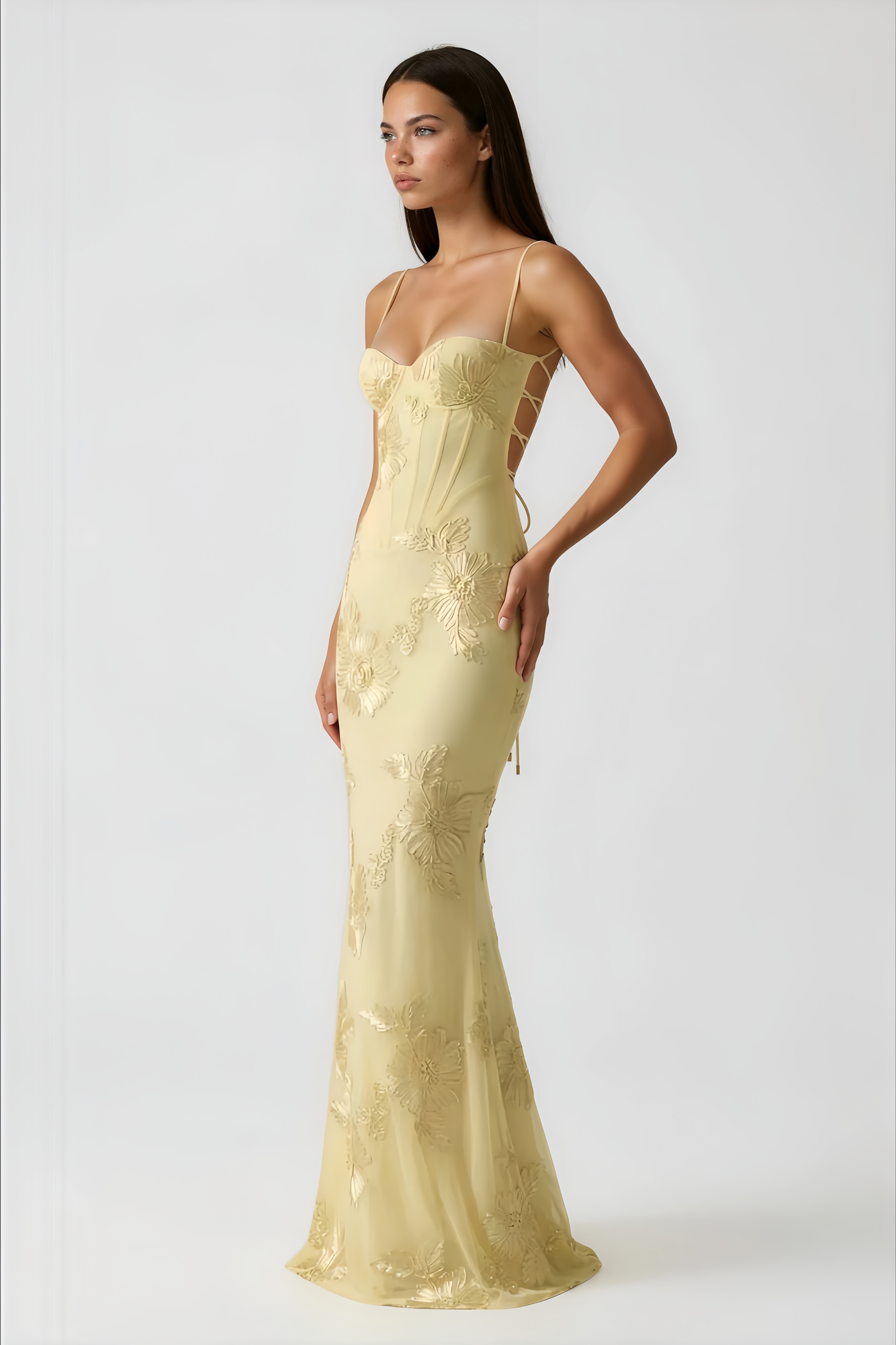 Théoline Yellow Floral Appliqué Corset Maxi Dress