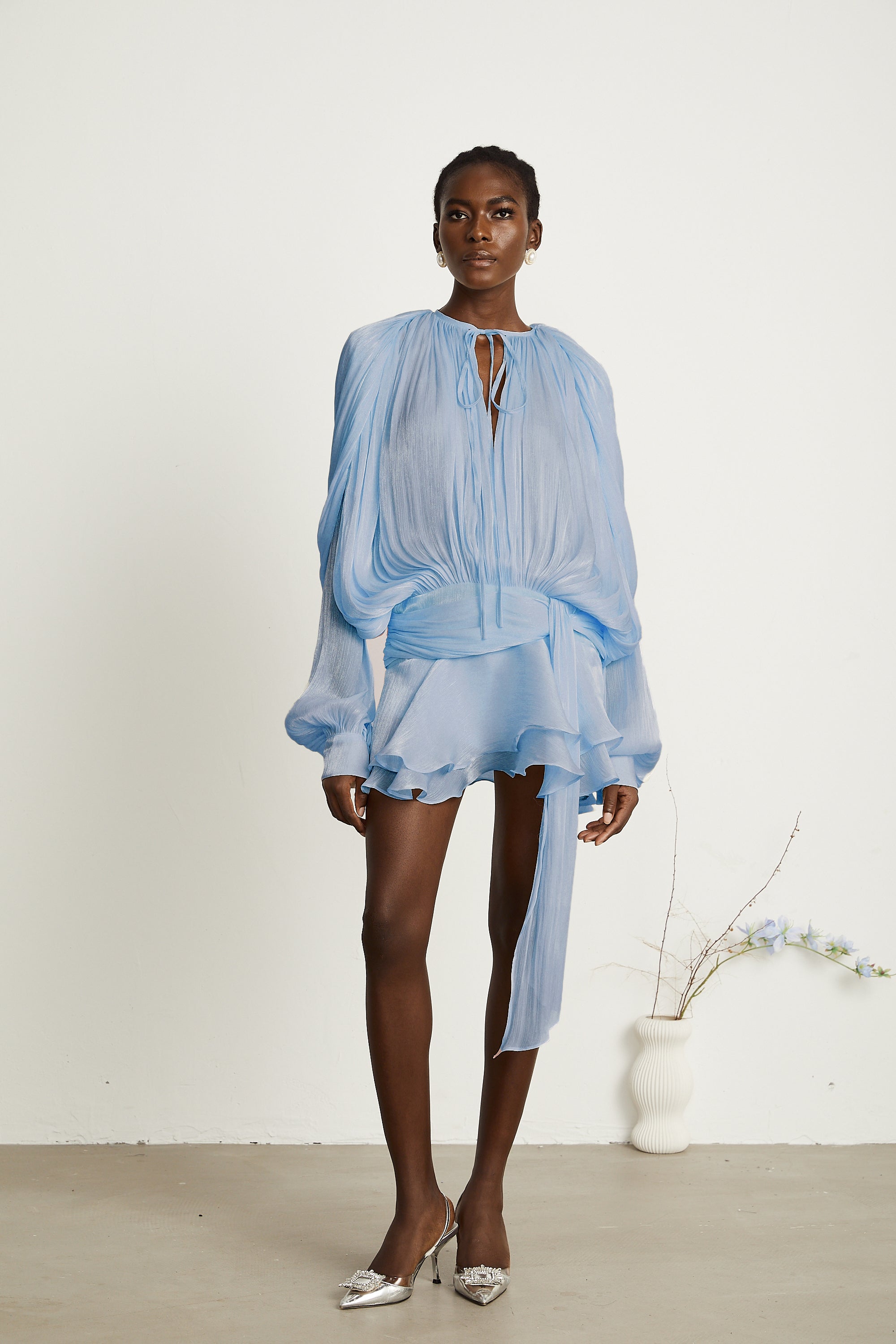 Eugénie fully-pleated ruffled mini dress in Blue