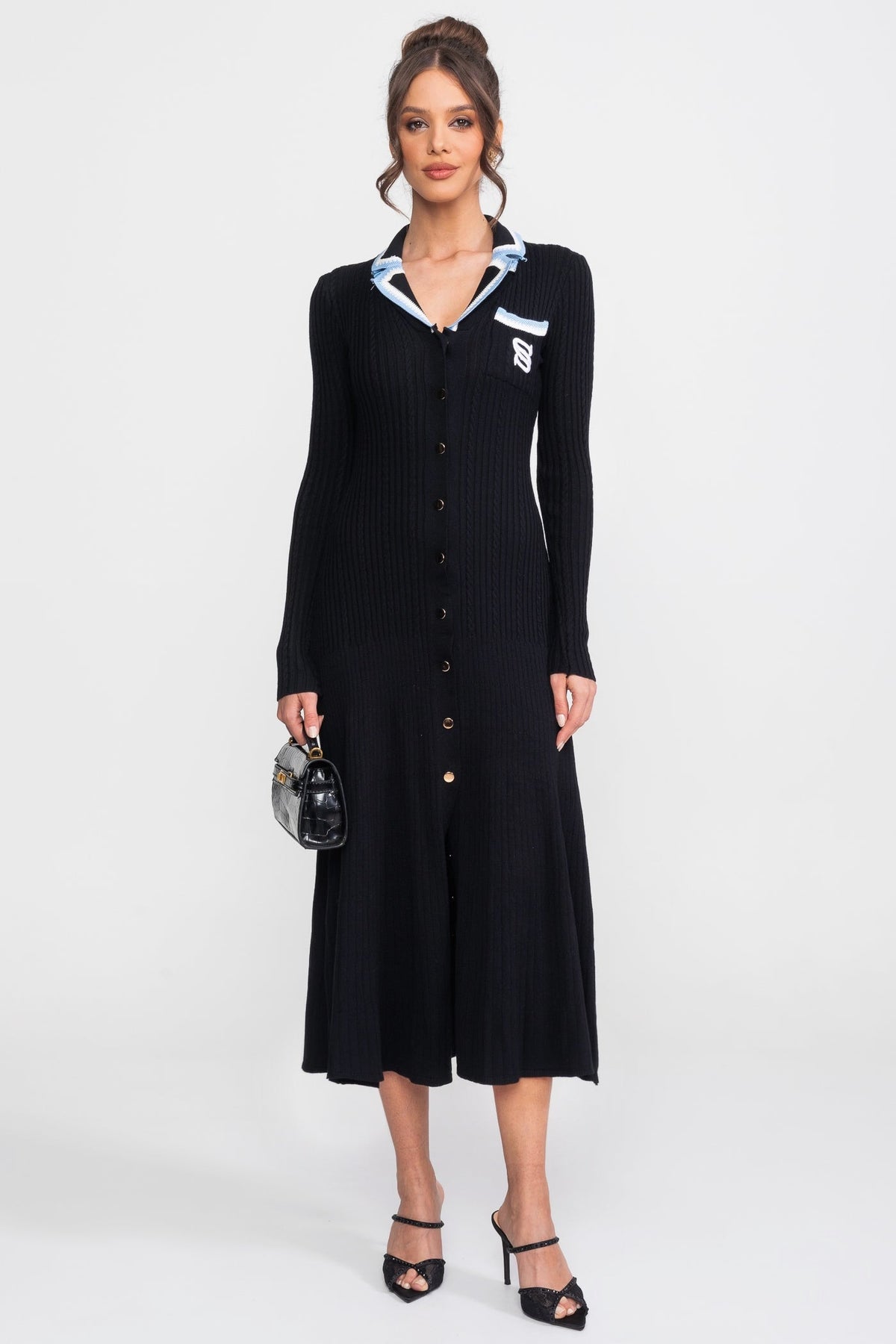 Georgiana Black Long Sleeve Knit Midi Dress With Polo Collar And Monogram Patch