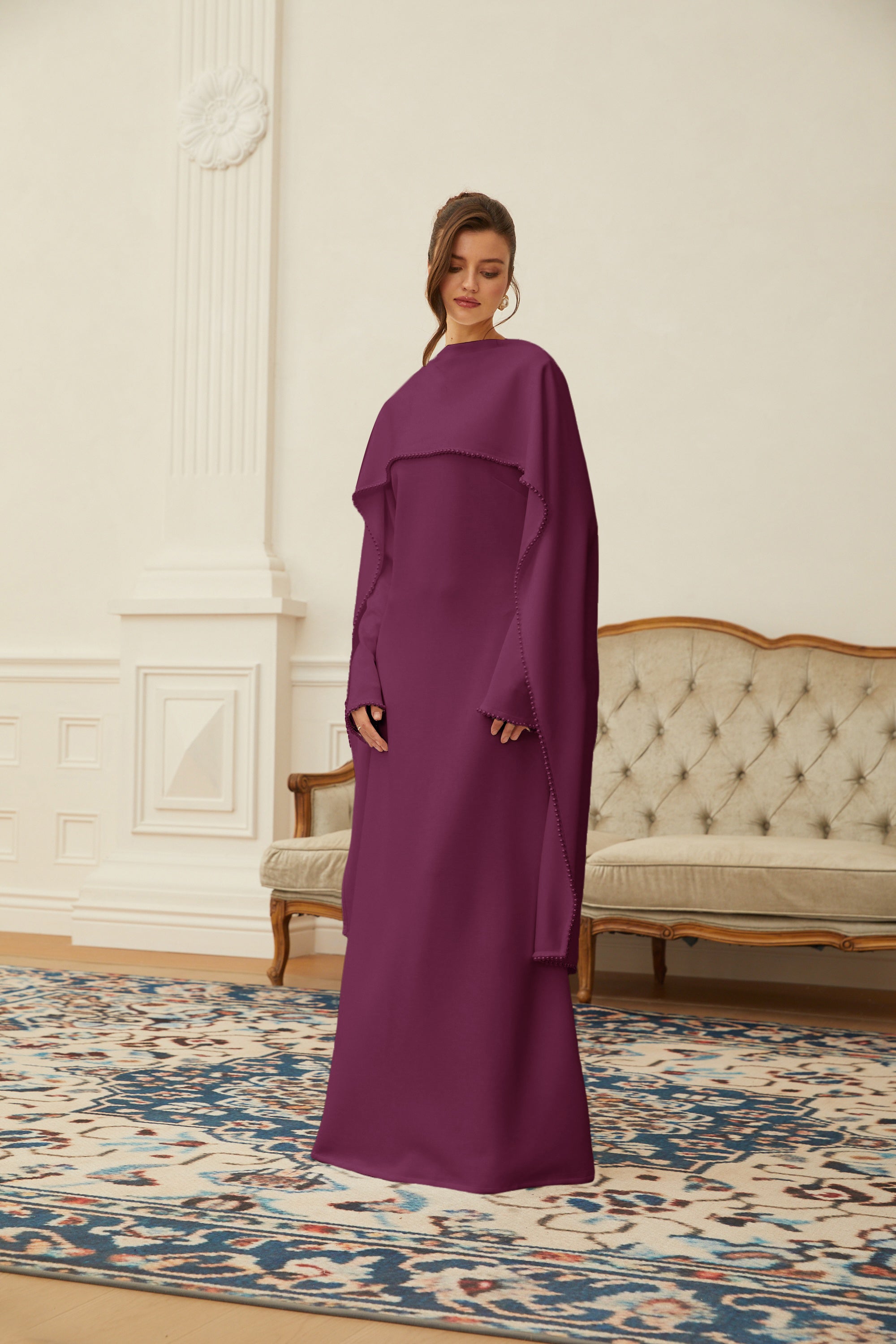 Piroska Purple Pearl Trim Shawl Detail Maxi Dress (Final Sale-US Only)