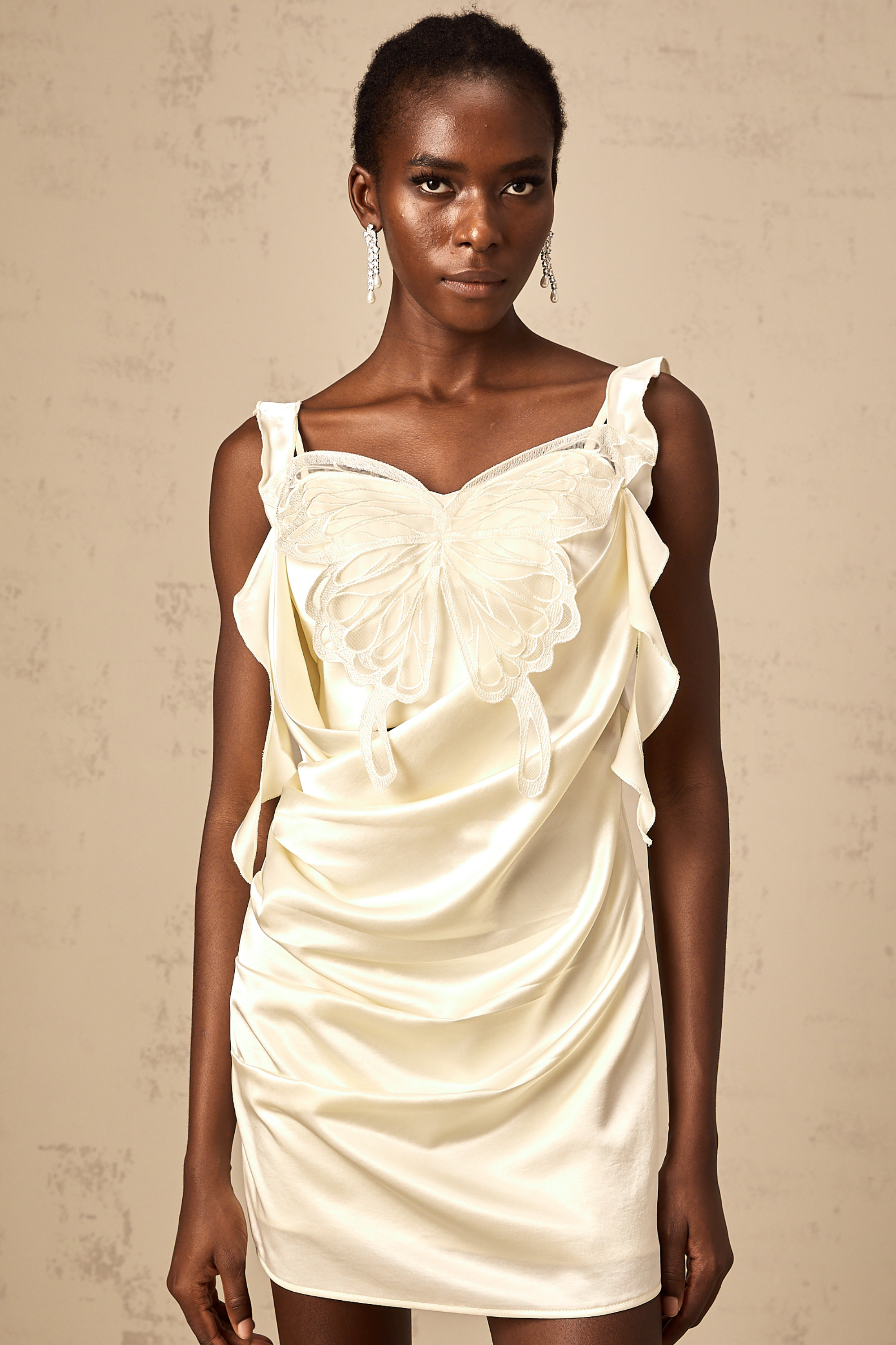 Sylvia neutrals butterfly draped mini dress