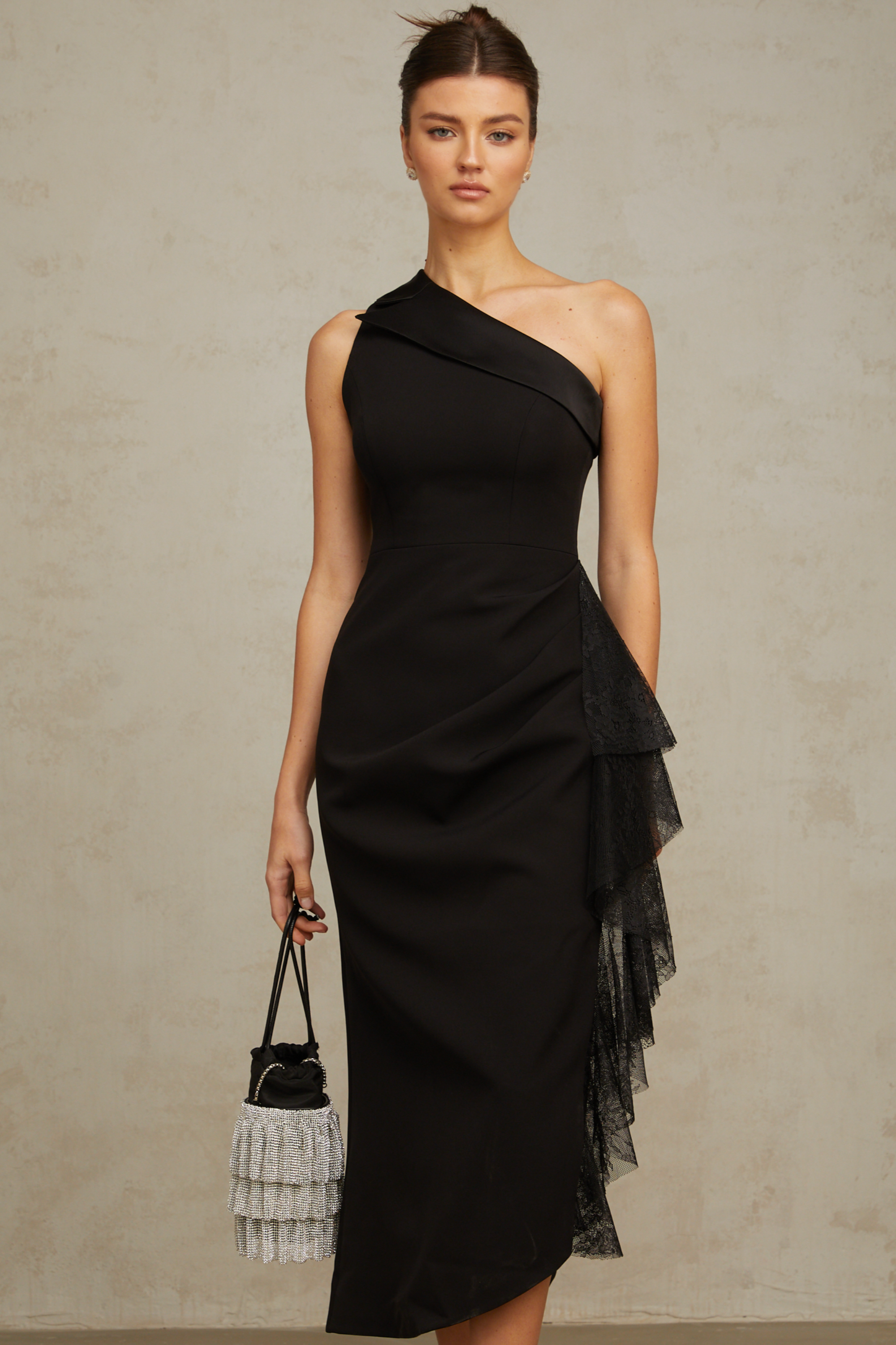Bernadette black lace-panell asymmetrical midi dress