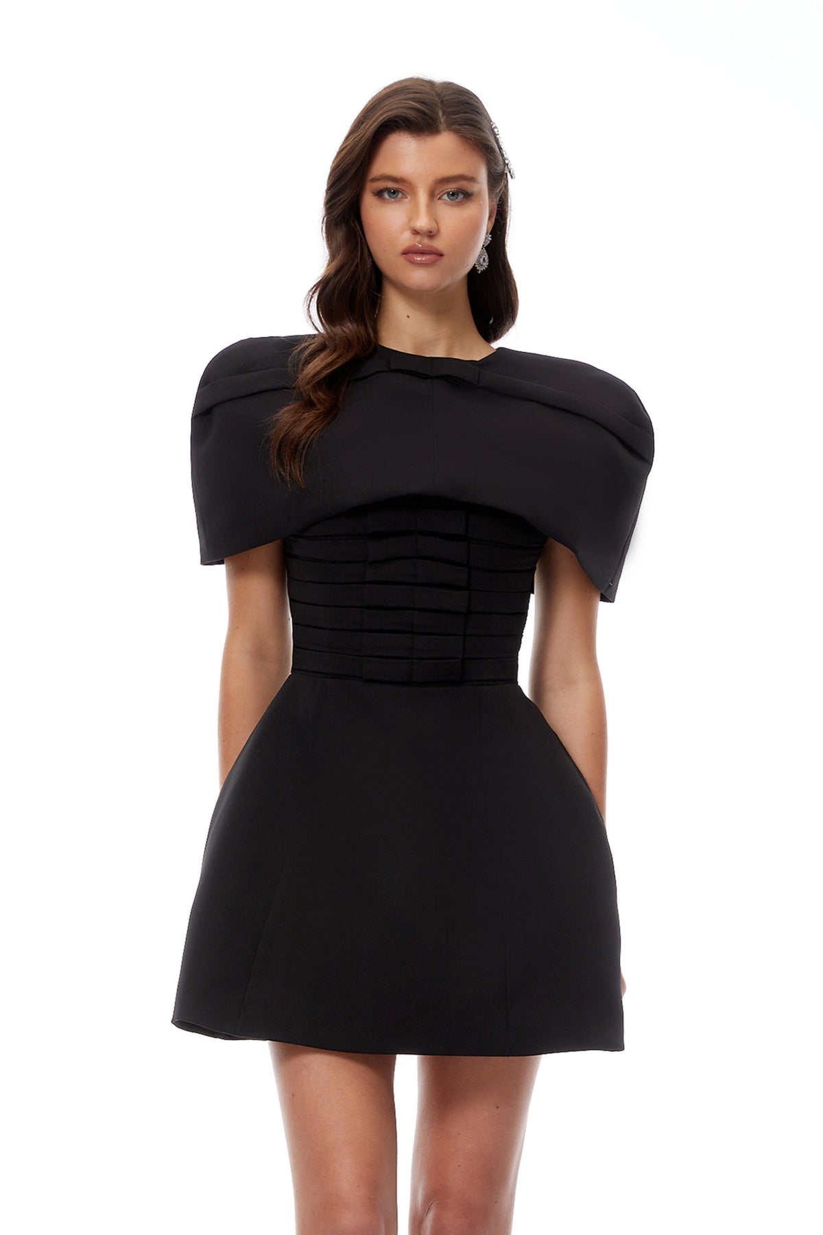 Celía Black Cape Design Flared Mini Dress