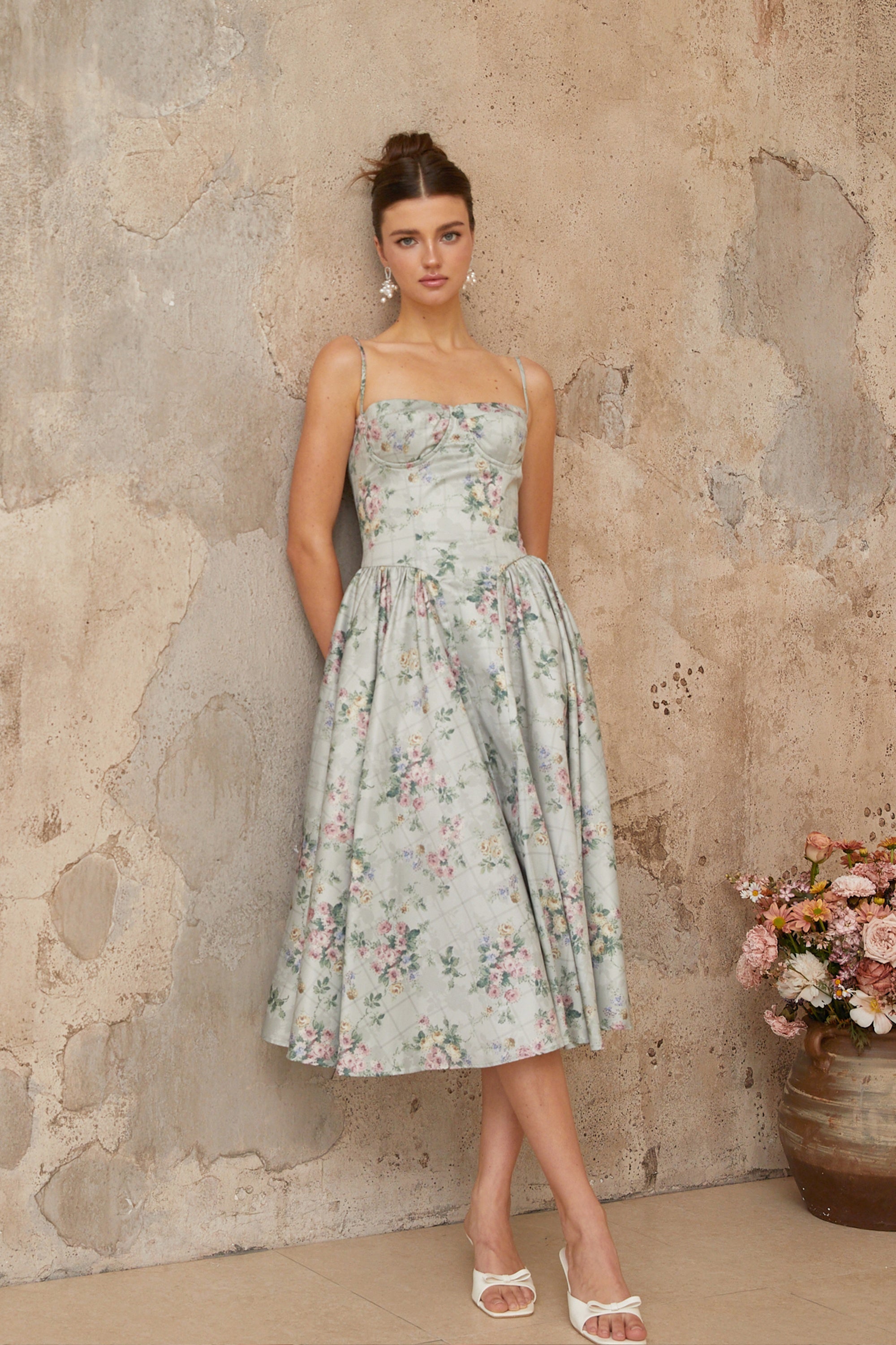 Prunelle sage-green floral-print shirred midi dress