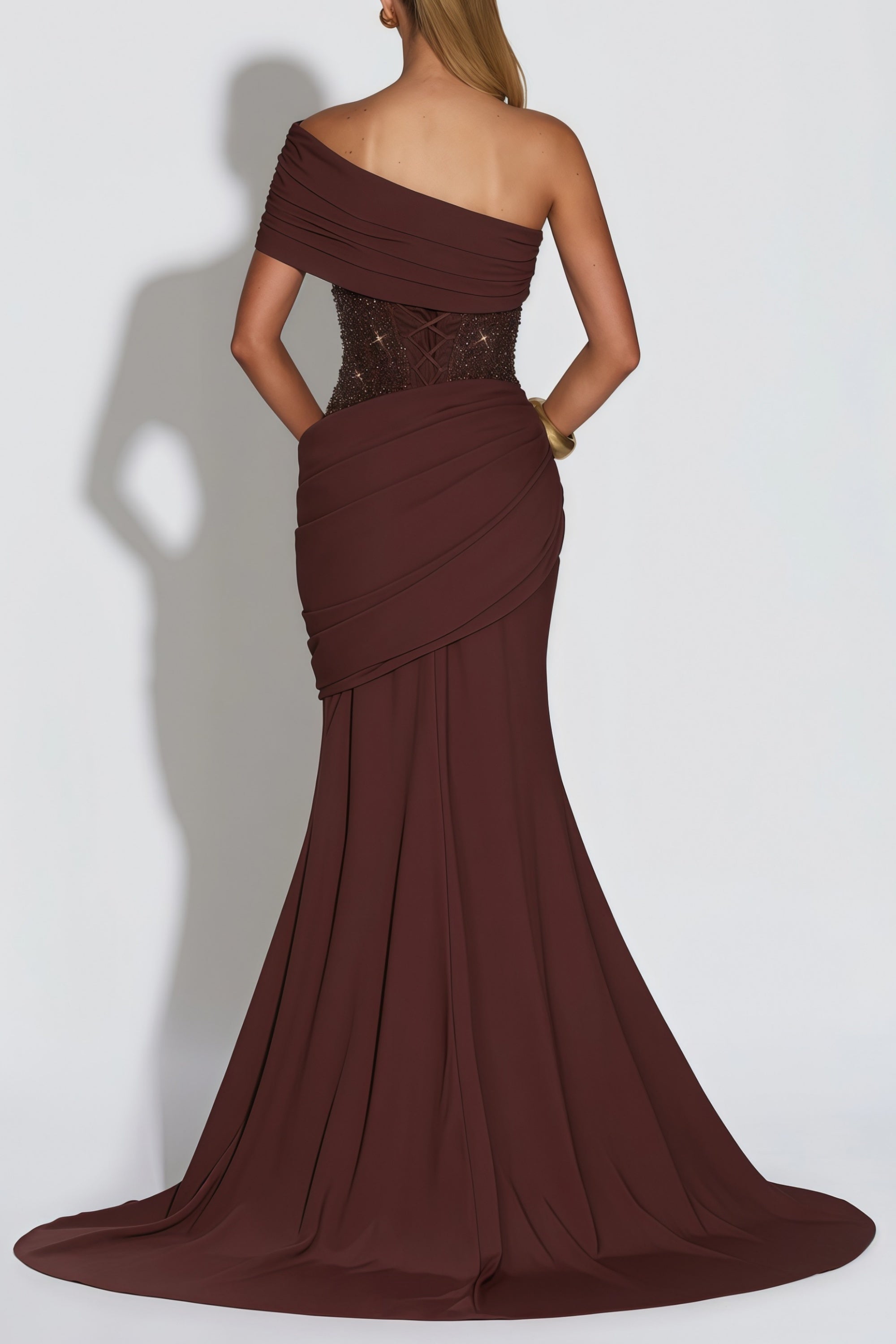 Giada Brown Sequined Asymmetrical Ruched Maxi Gown (Final Sale-US Only)