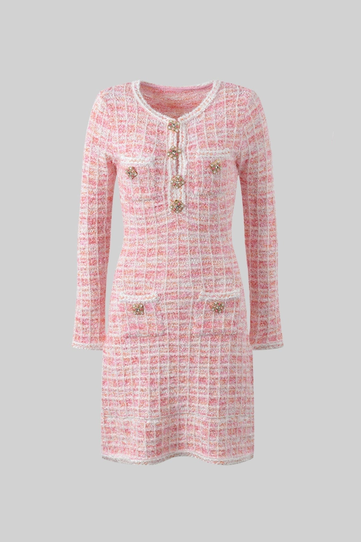 Isaure Pink Tweed Mini Dress with Jewel Buttons