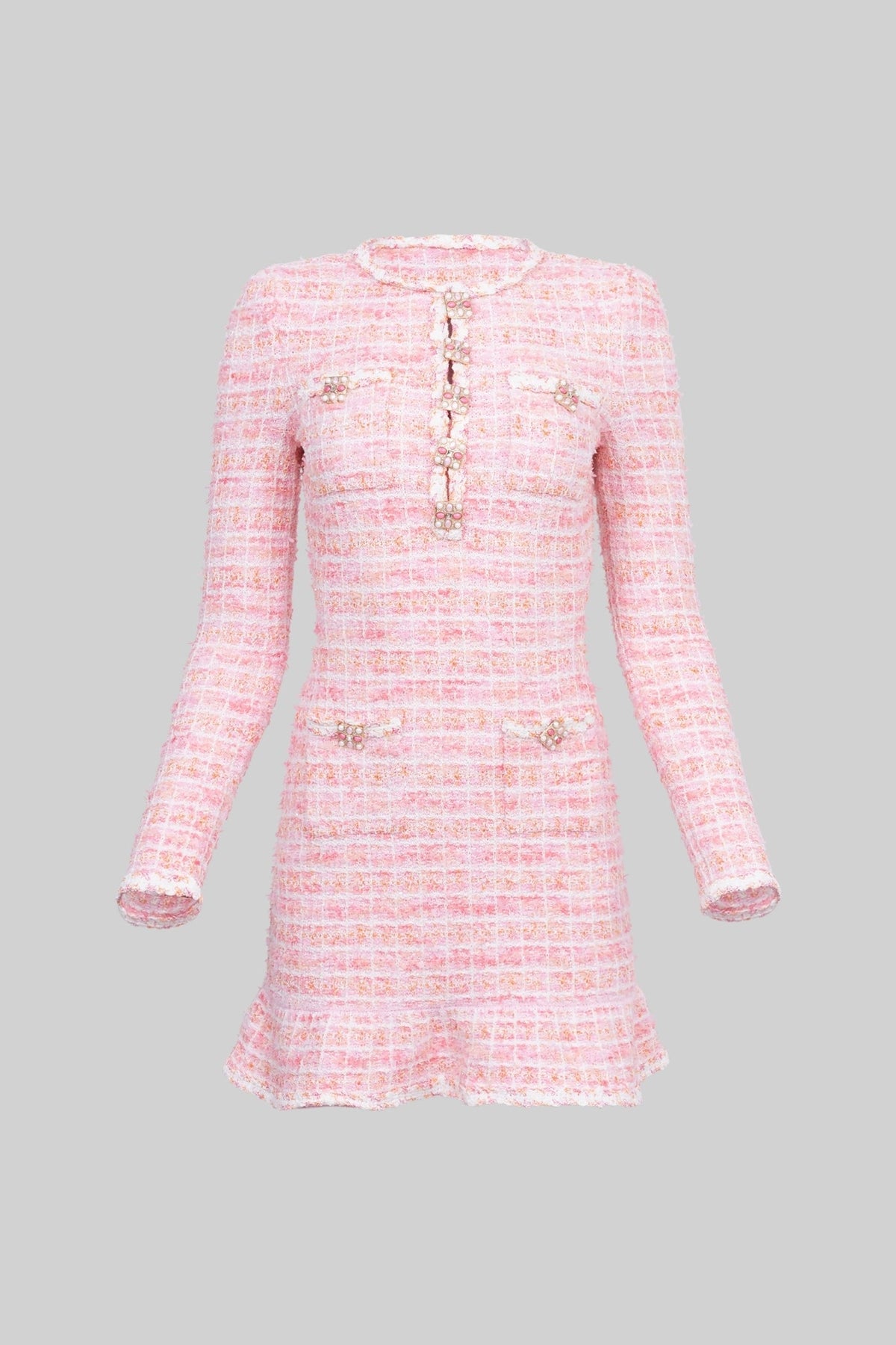 Isaure Pink Tweed Mini Dress with Jewel Buttons