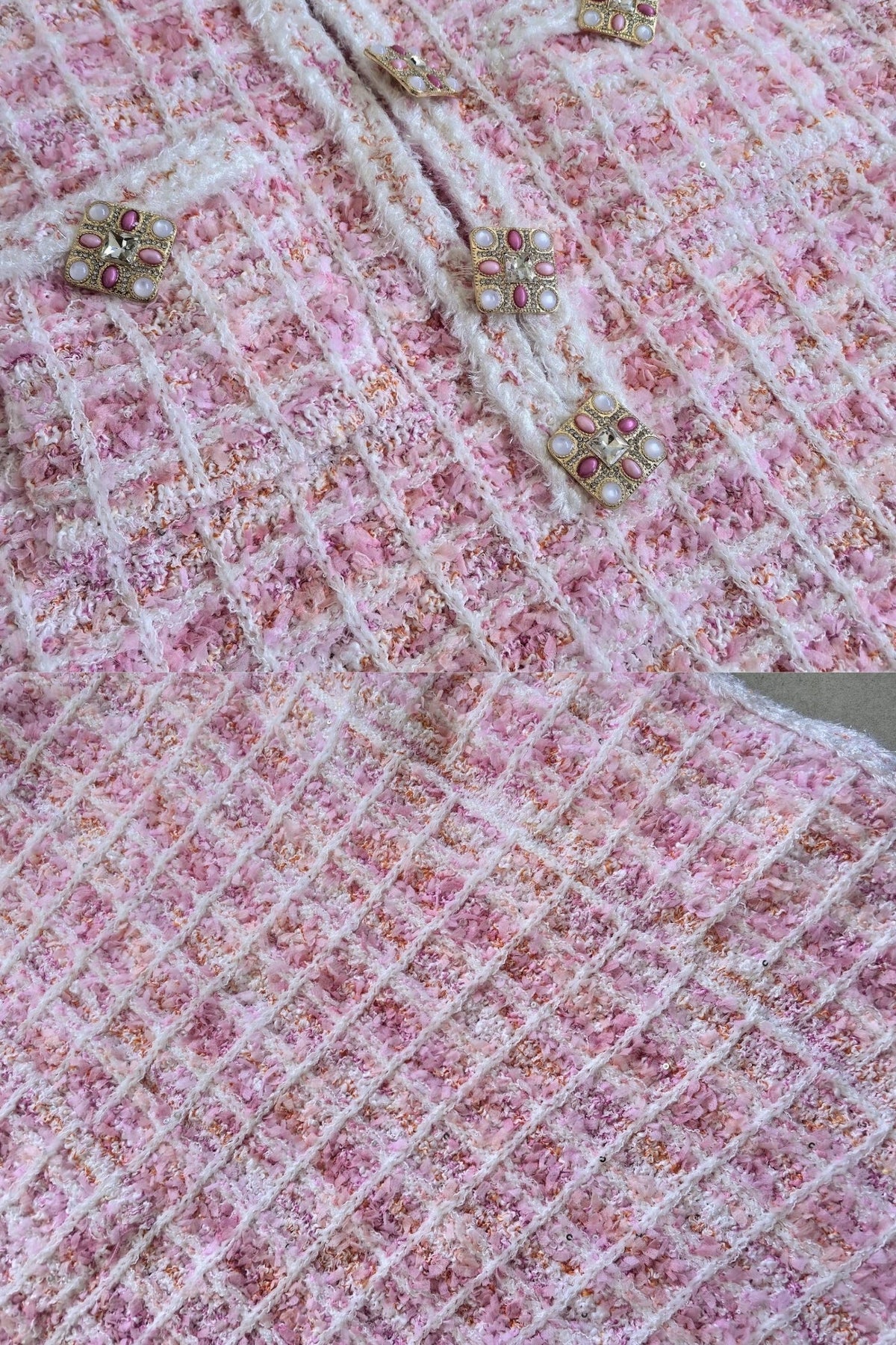 Isaure Pink Tweed Mini Dress with Jewel Buttons