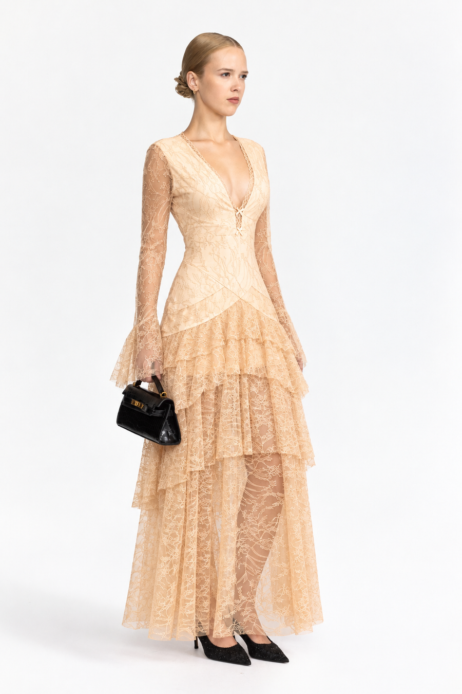 Ophélie Chantilly Lace Tiered Maxi Dress - Beige