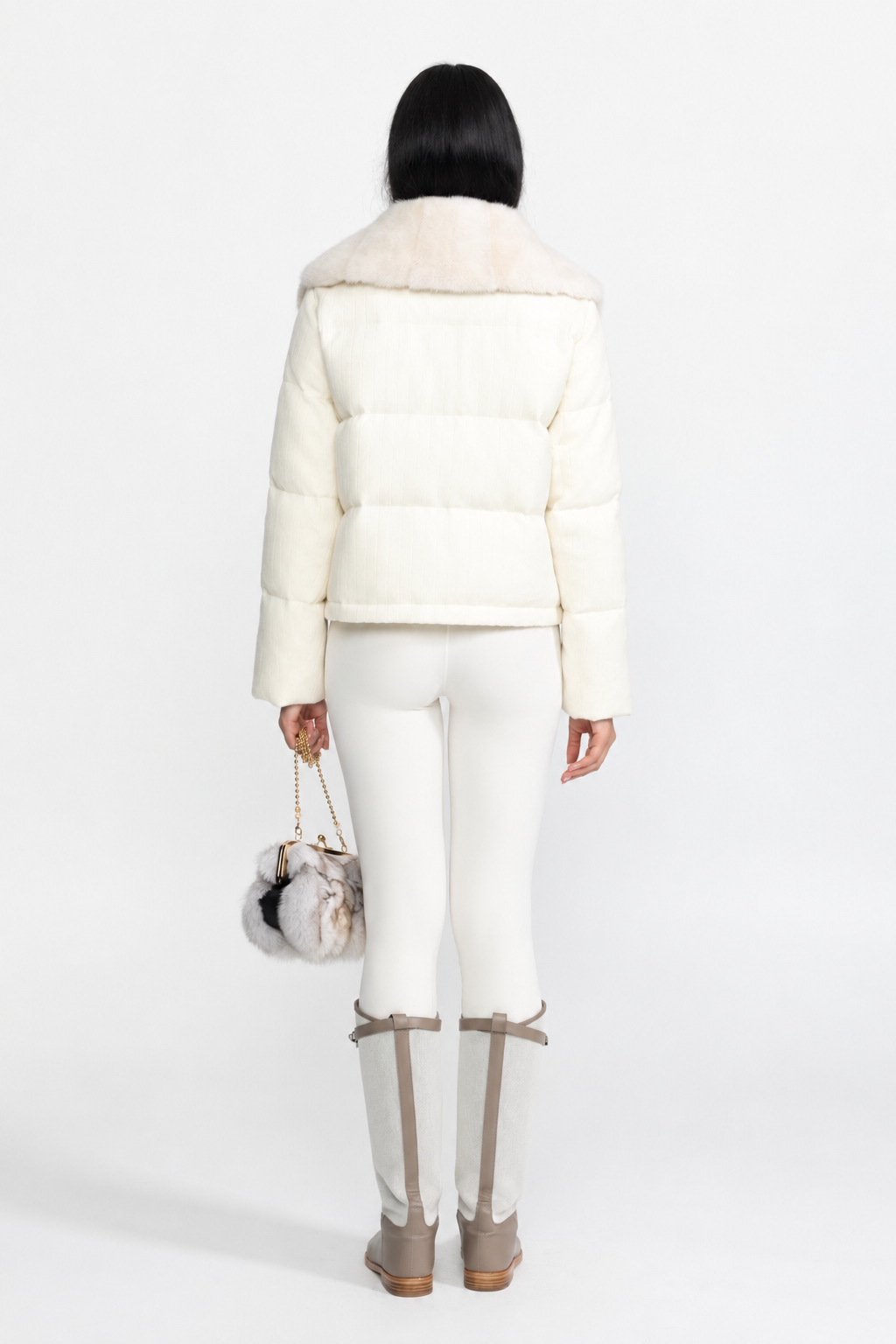 Corentine Ivoire Ribbed Cashmere Down Puffer Jacket with Mink Fur Collar